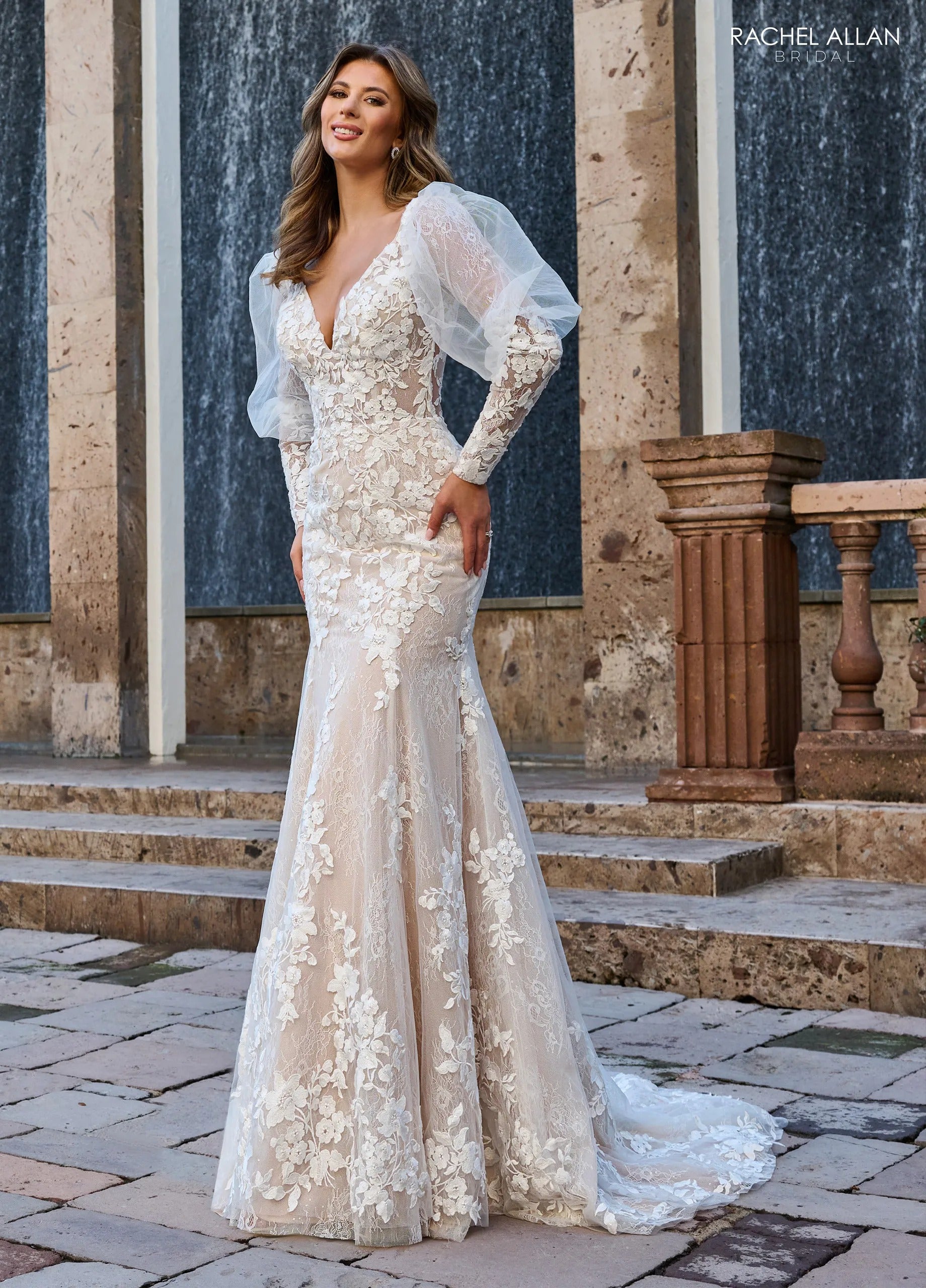 Ivory Nude V-Neck Floor-Length Floral Lace Mermaid Wedding Gown with Detachable Bishop Sleeves Rachel Allan RB3199