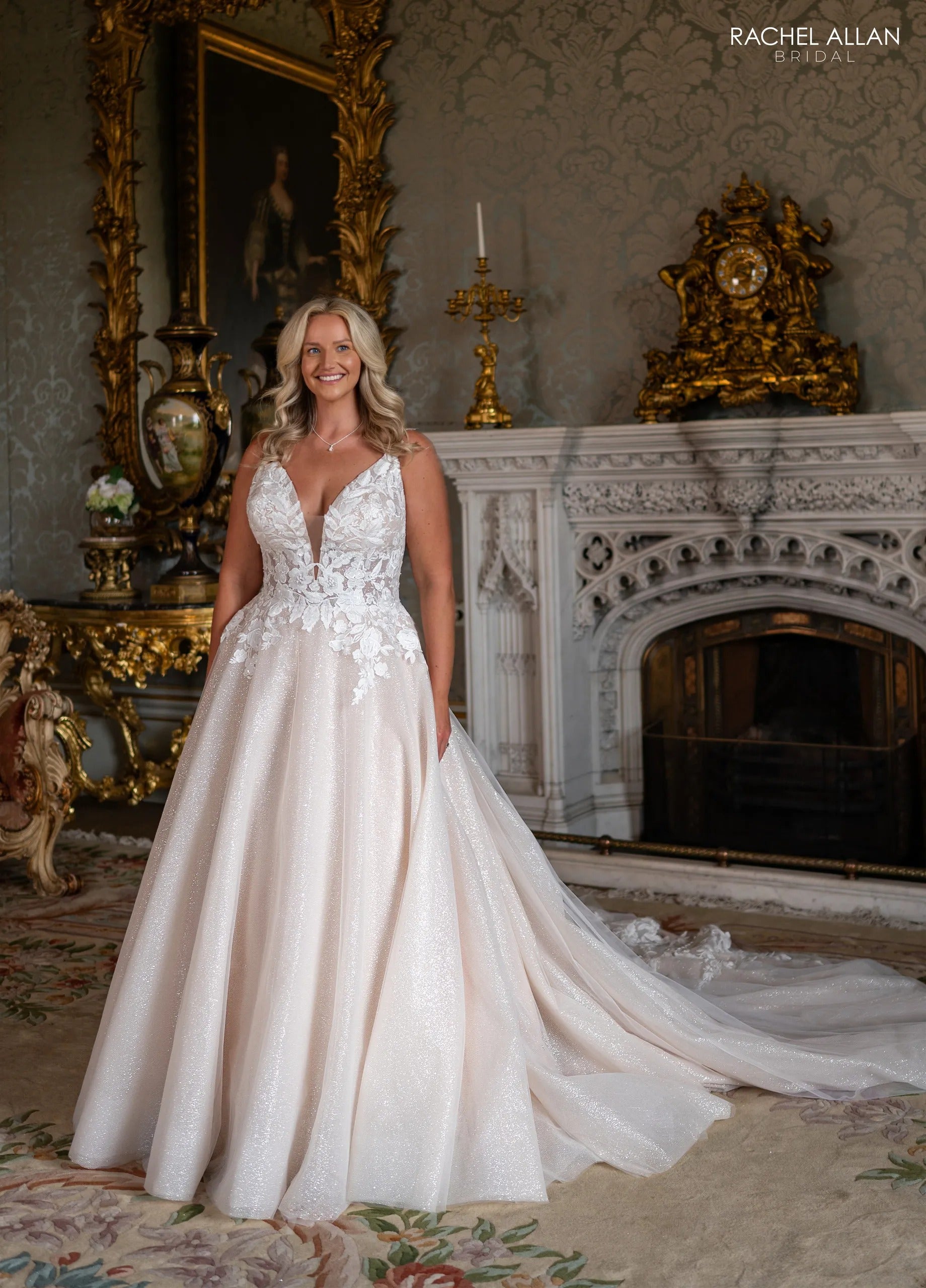 Ivory Champagne Nude Plunging V-Neck Floor-Length Glitter Tulle Wedding Dress with Floral Applique Rachel Allan RB3244