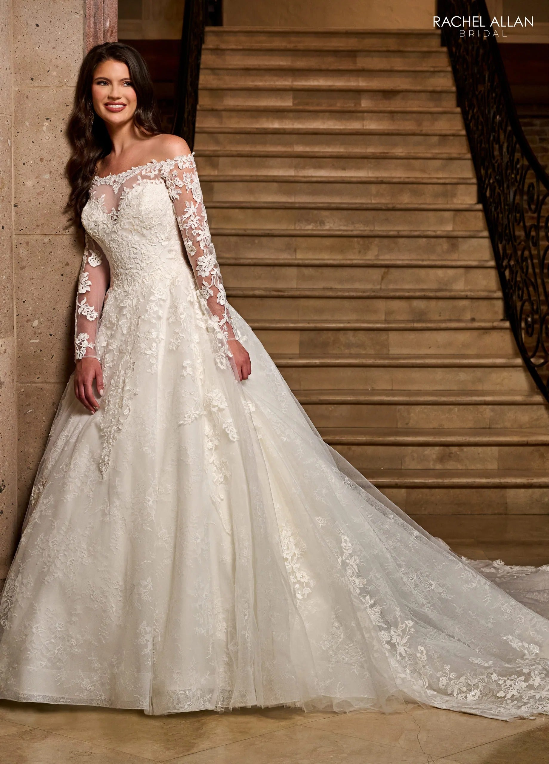 Ivory Off-the-Shoulder Floor-Length Tulle Ball Gown with Semi-Cathedral Train Rachel Allan RB3196