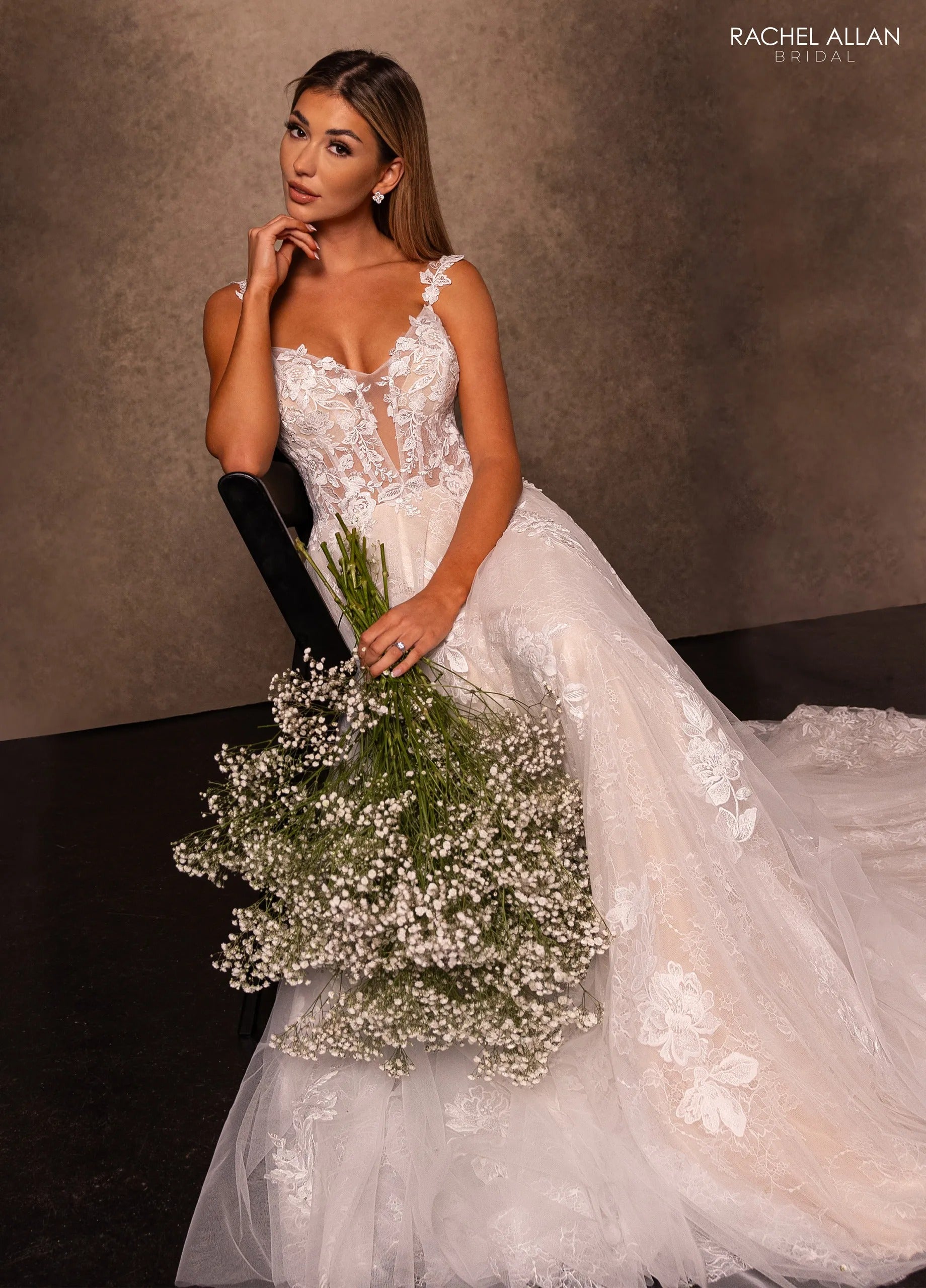 Ivory Deep Champagne V-Neck Floor-Length Tulle A-Line Wedding Gown with Detachable Liner Rachel Allan RB3231
