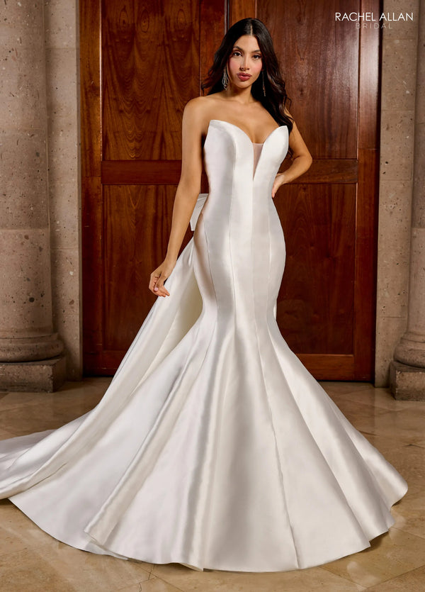 Off-the-Shoulder Floor-Length Mikado Fit and Flare Wedding Dress with Detachable Train Rachel Allan RB3188