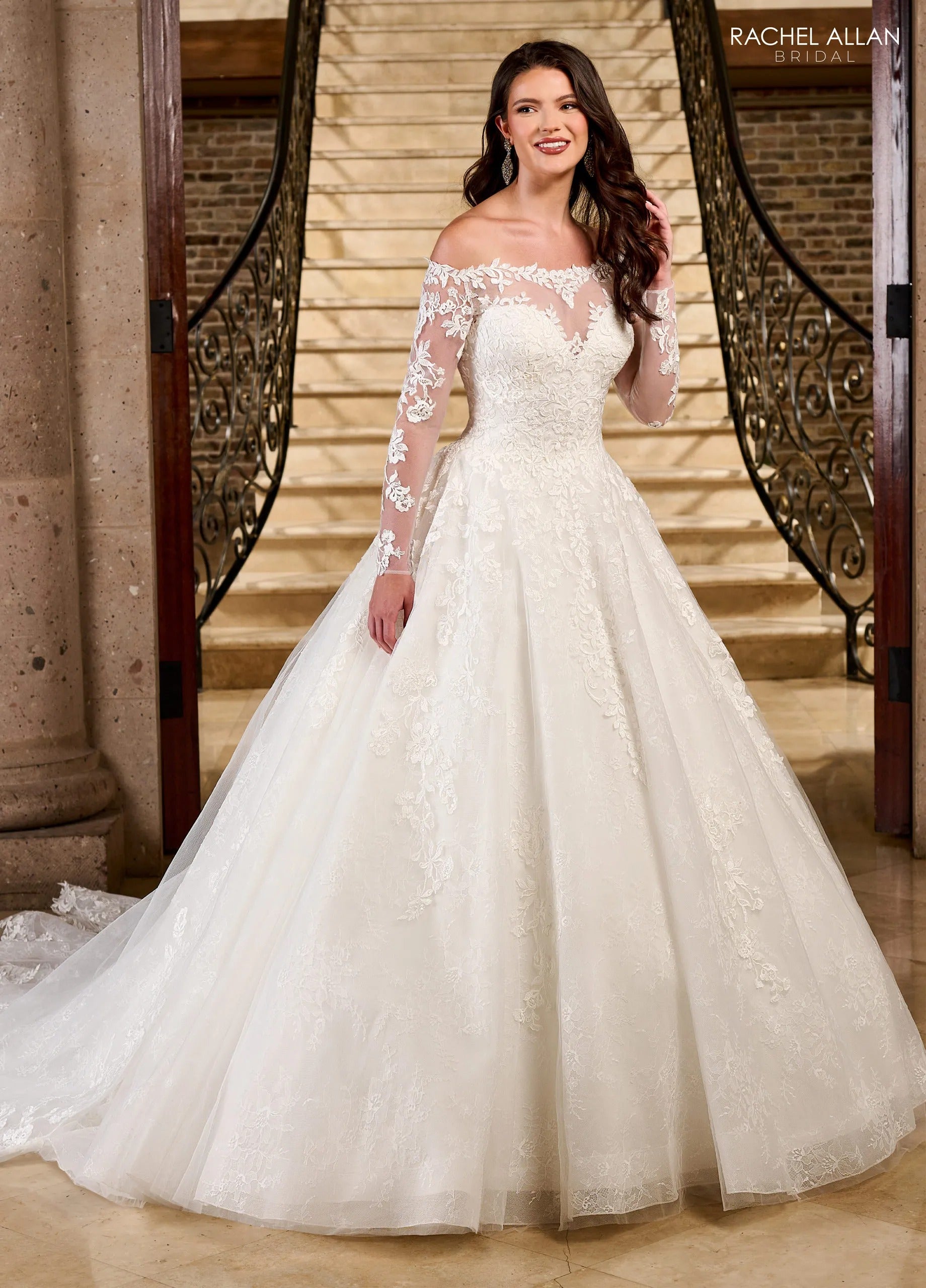 Ivory Off-the-Shoulder Floor-Length Tulle Ball Gown with Semi-Cathedral Train Rachel Allan RB3196