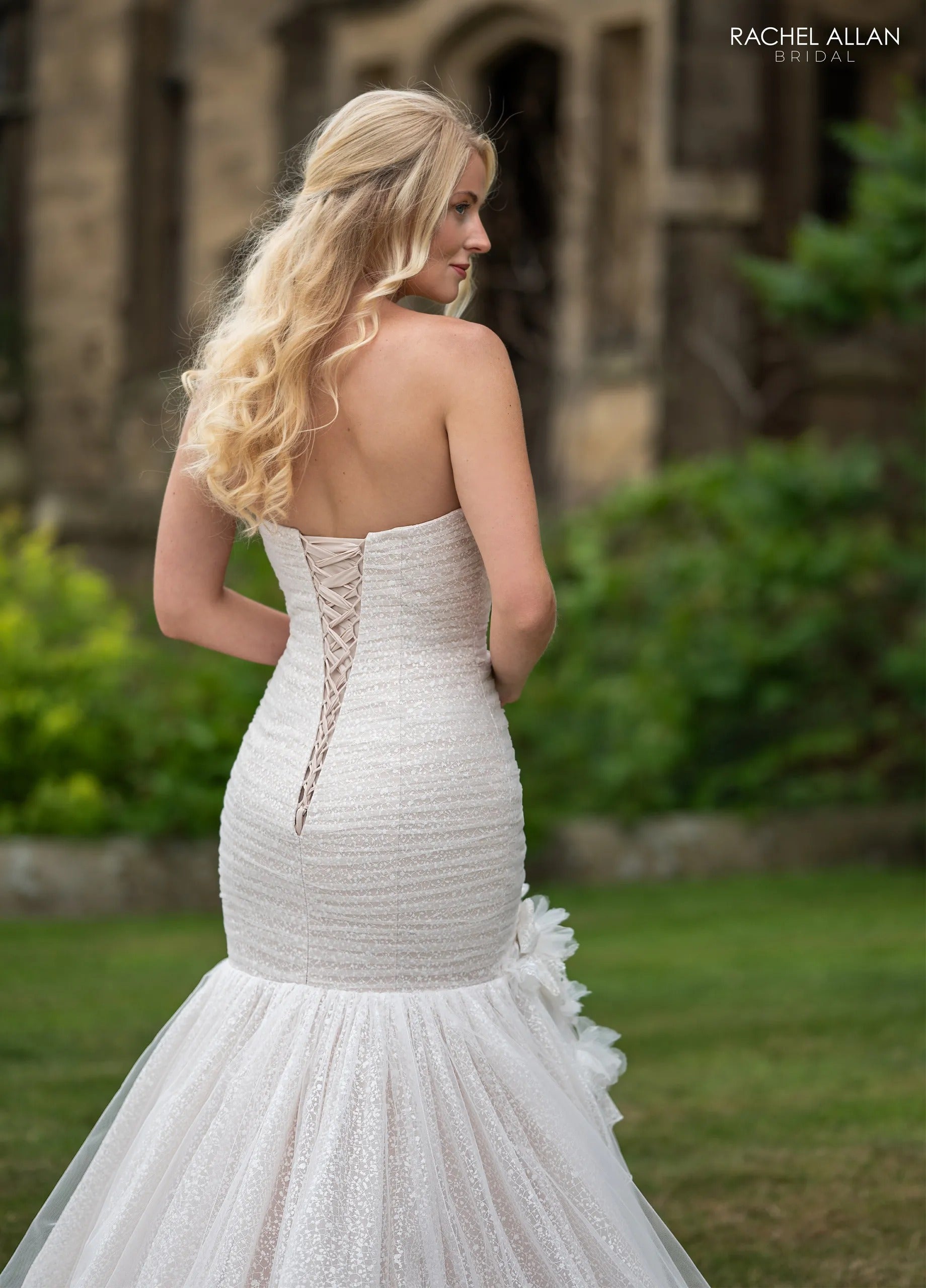 Ivory Champagne Nude Plunging V-Neck Floor-Length Glitter Tulle Wedding Dress with Floral Applique Rachel Allan RB3242