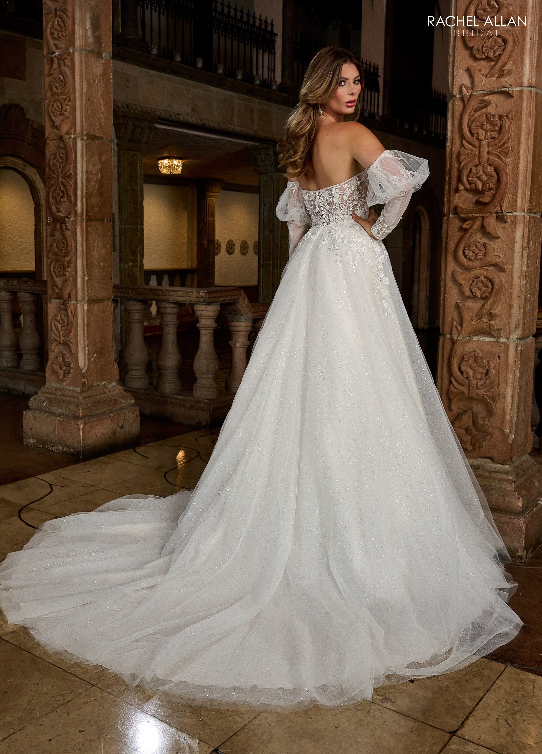 Rachel Allan RB3212 A Line Long Glitter 3D Floral Wedding Dress