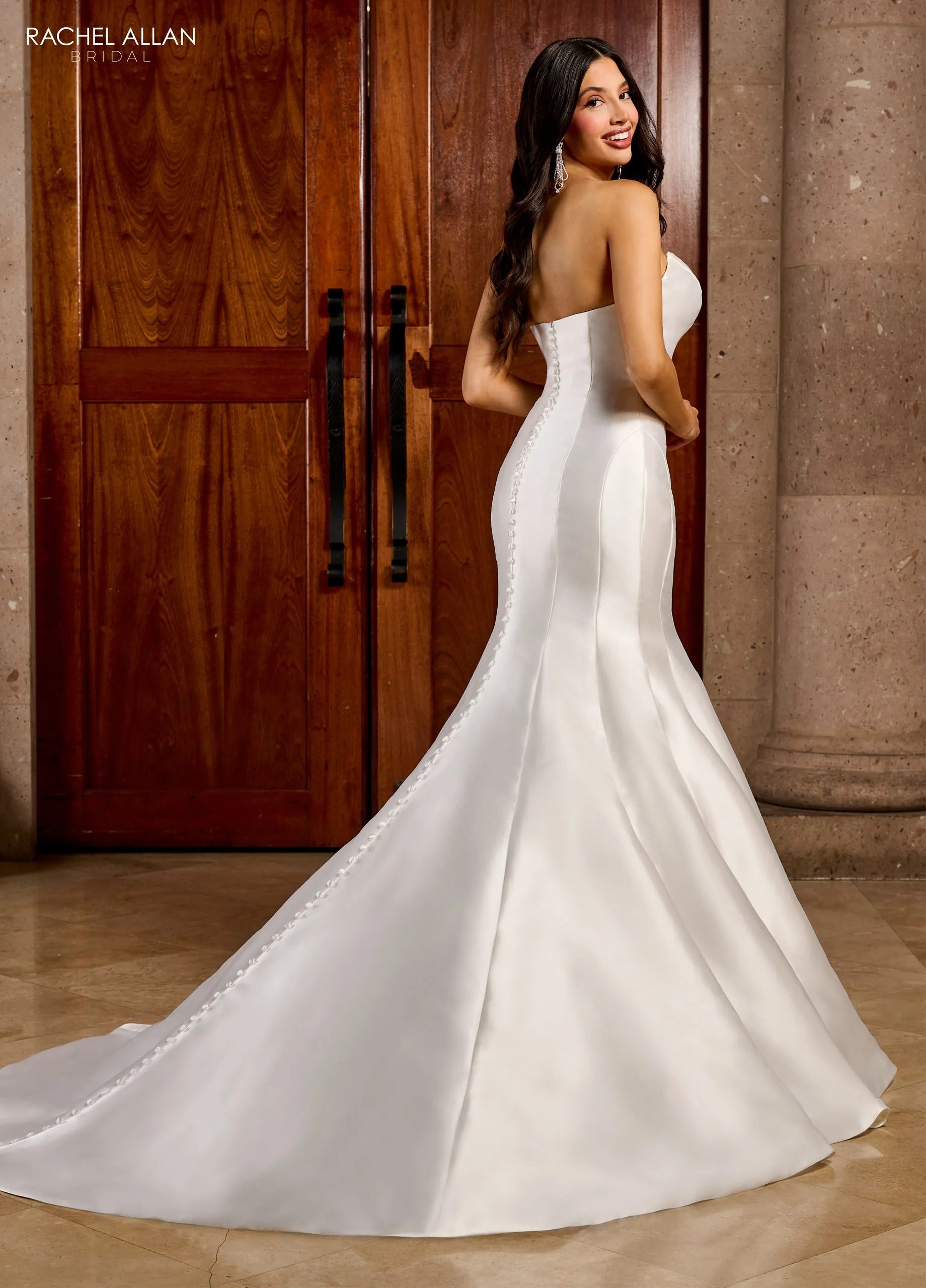 Ivory Off-the-Shoulder Floor-Length Mikado Fit and Flare Wedding Dress with Detachable Train Rachel Allan RB3188