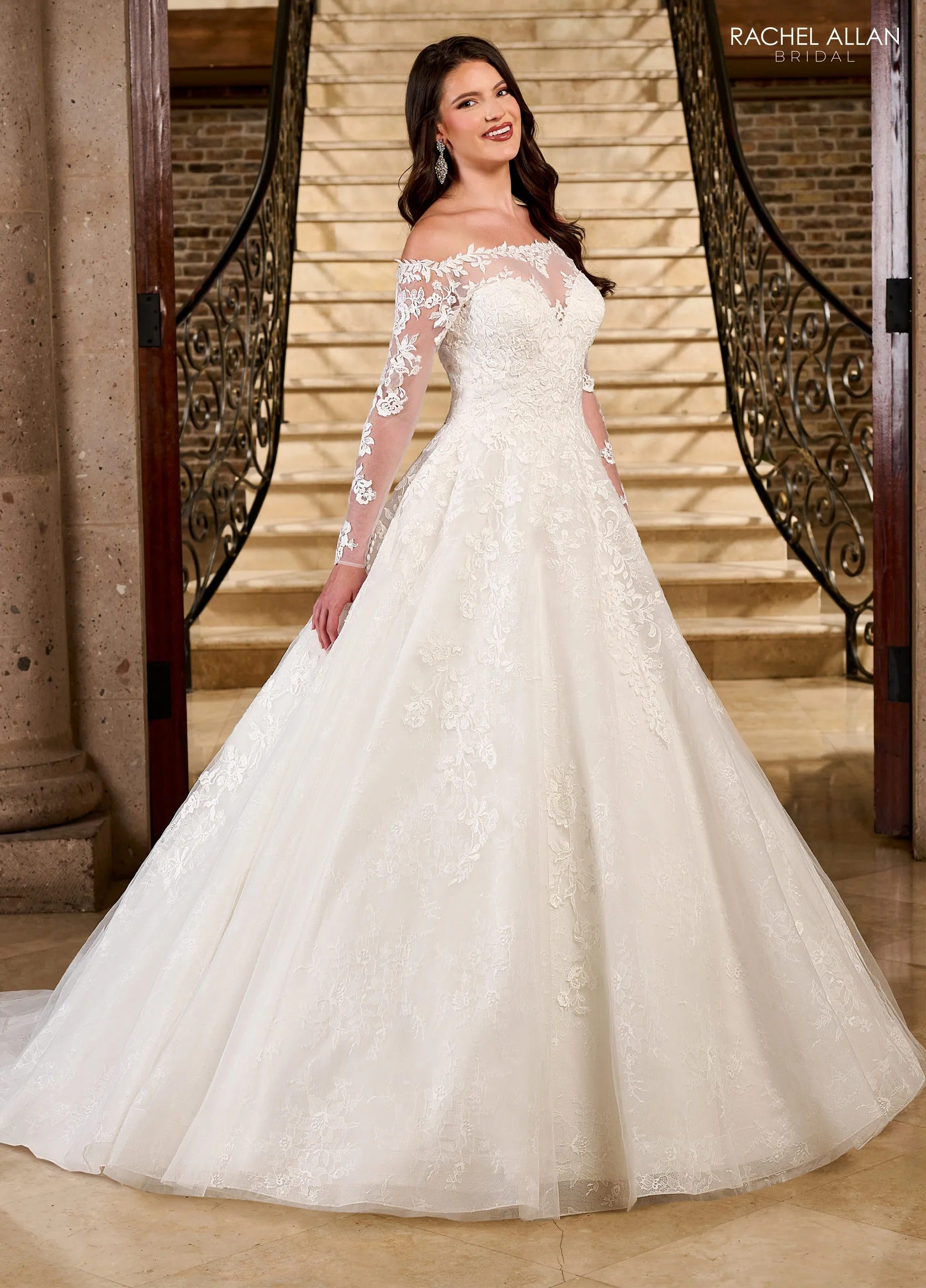 Ivory Off-the-Shoulder Floor-Length Tulle Ball Gown with Semi-Cathedral Train Rachel Allan RB3196
