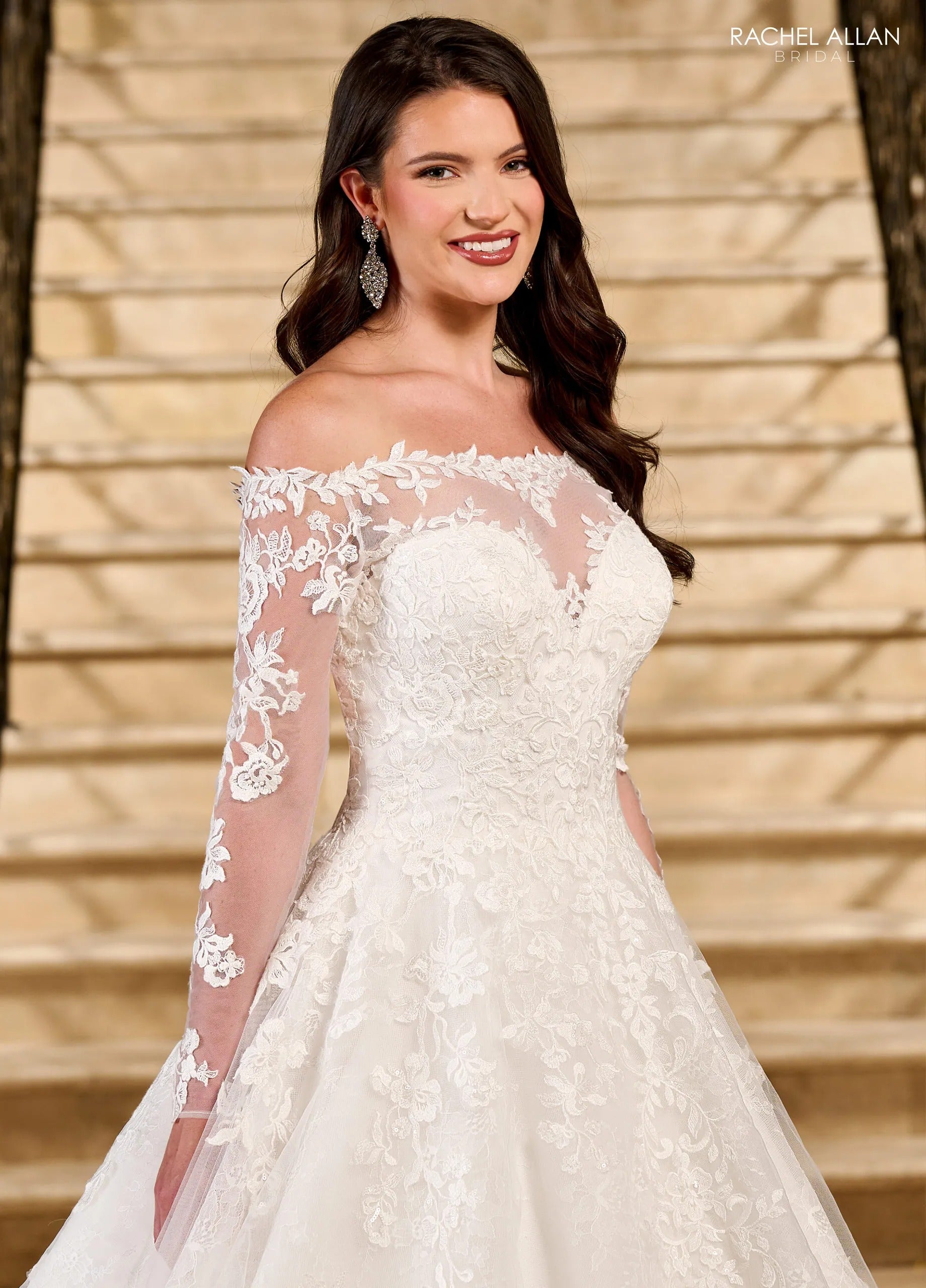 Ivory Off-the-Shoulder Floor-Length Tulle Ball Gown with Semi-Cathedral Train Rachel Allan RB3196