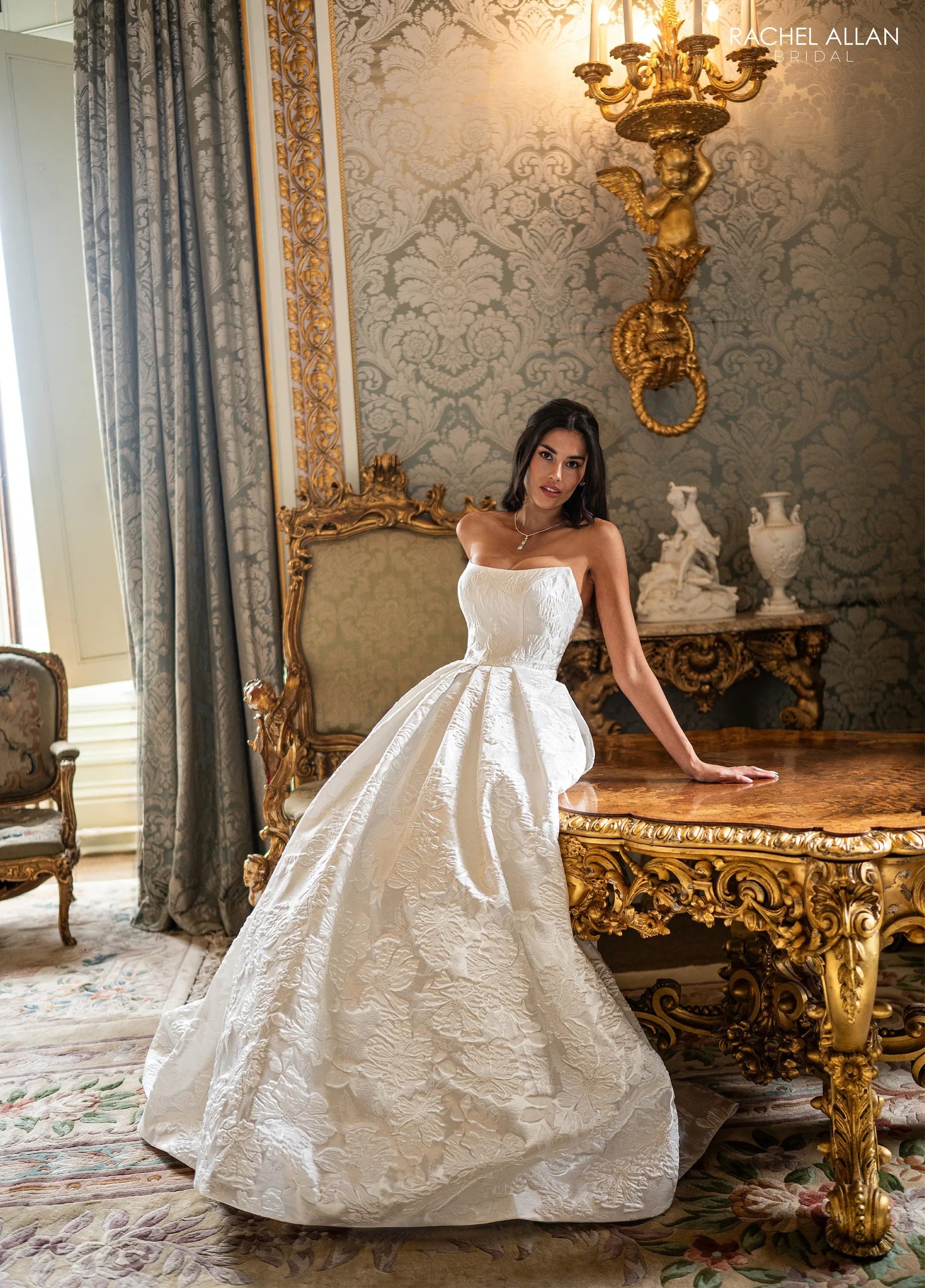 Ivory Strapless Floor-Length Brocade Wedding Dress Ballgown with Pockets Rachel Allan RB3240