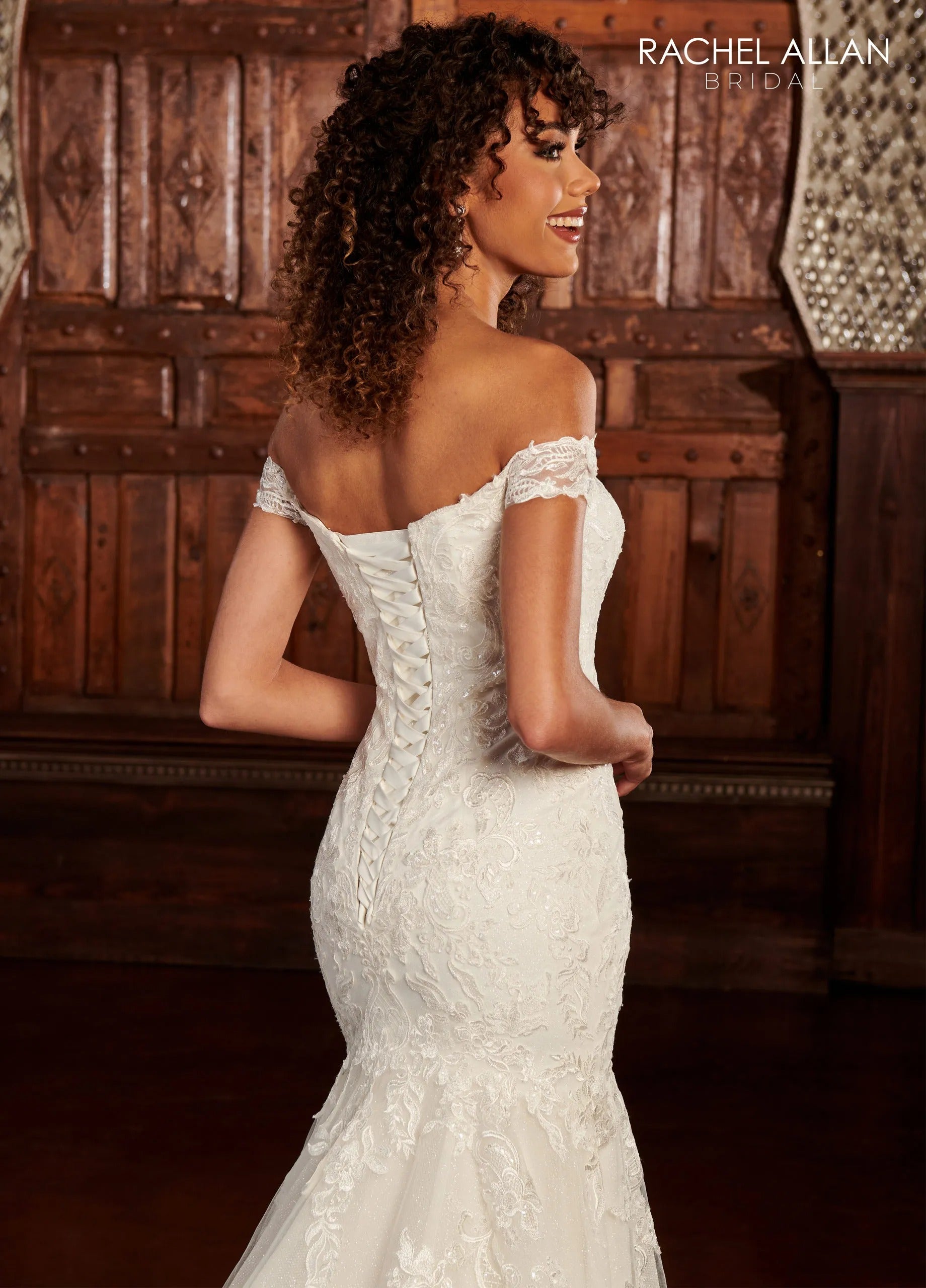 Ivory Off-the-Shoulder Floor-Length Lace Mermaid Wedding Gown with Scallop Chapel Train Rachel Allan RB3167