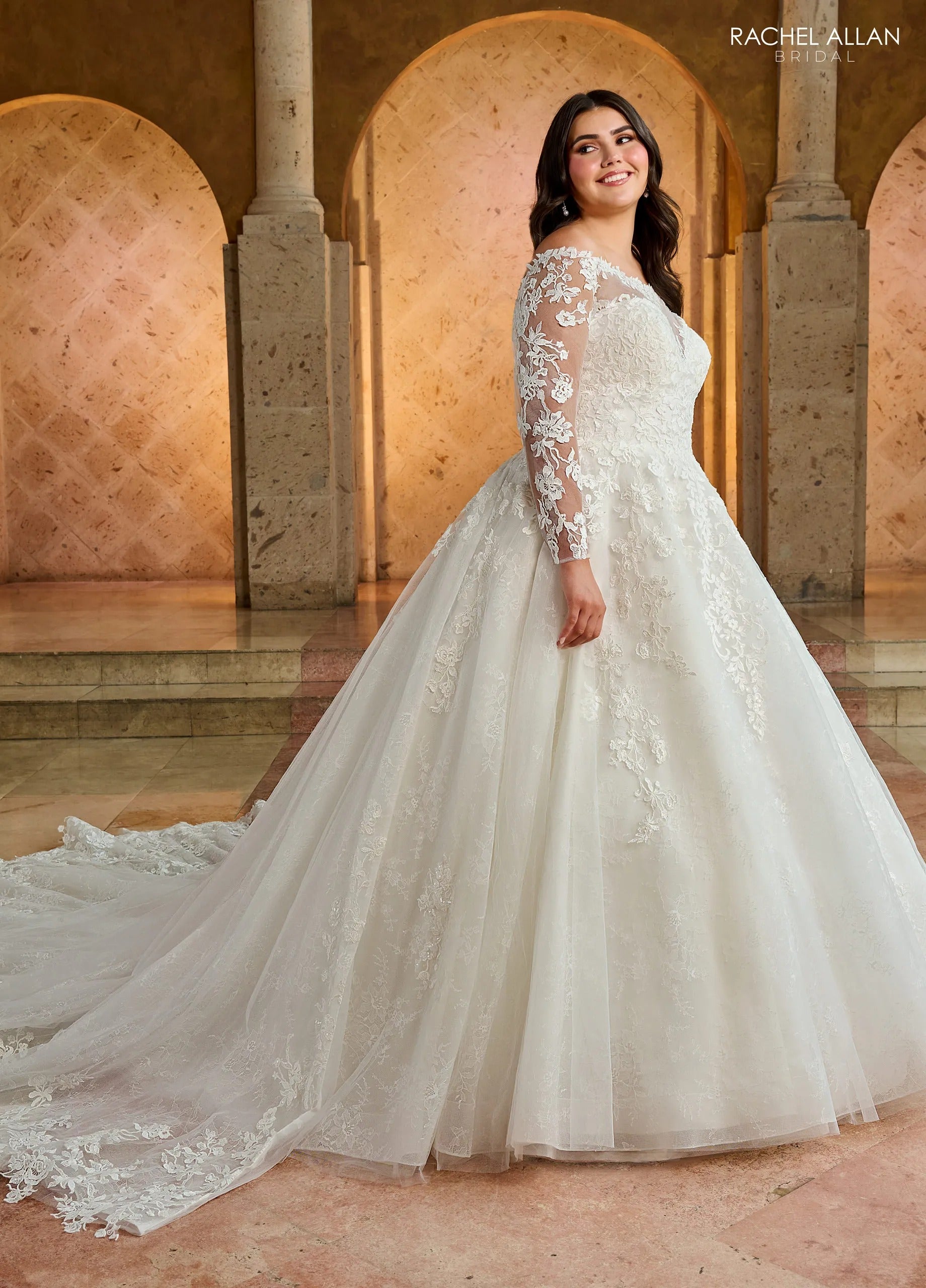Ivory Off-the-Shoulder Floor-Length Tulle Ball Gown with Semi-Cathedral Train Rachel Allan RB3196
