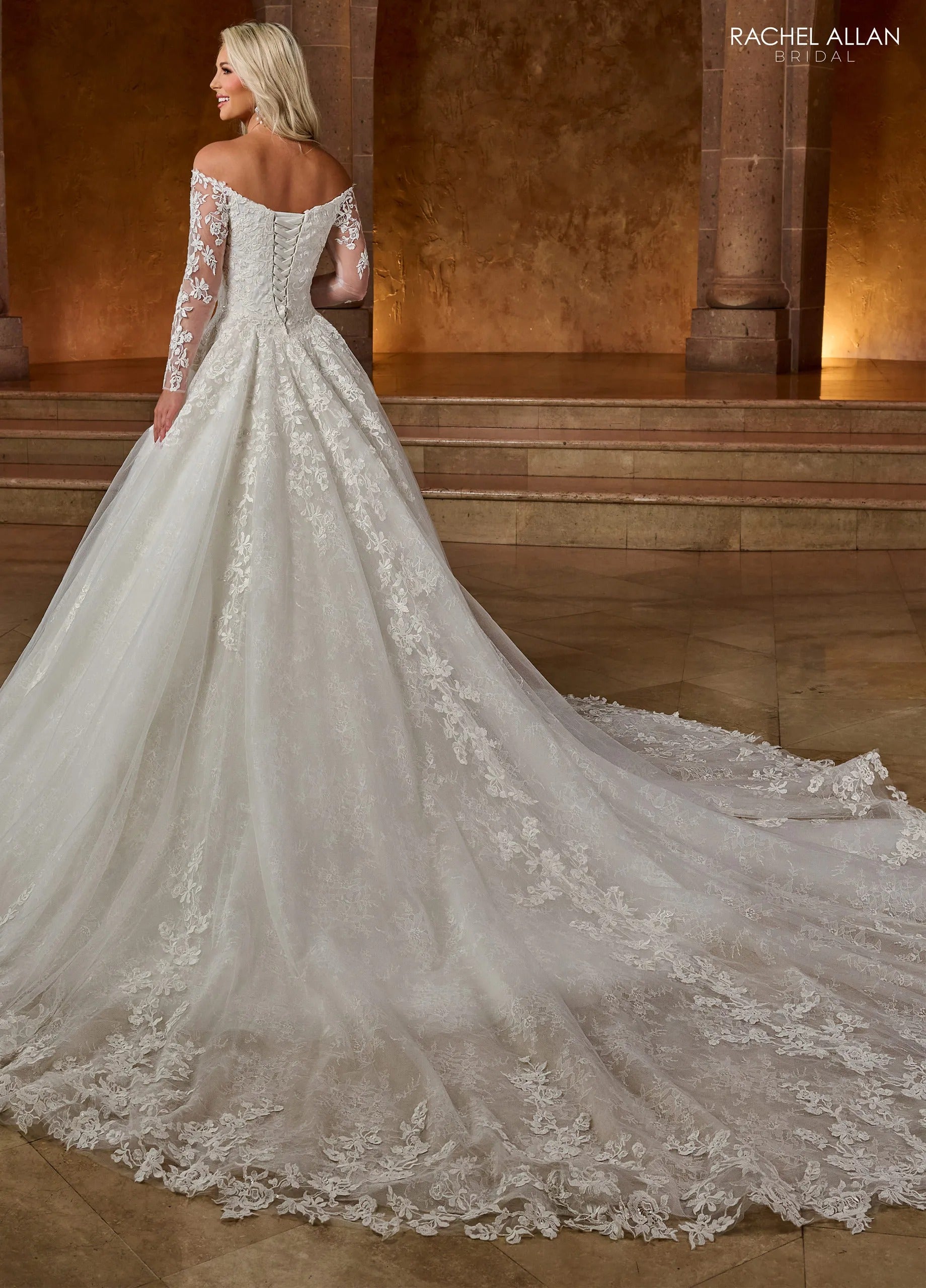 Ivory Off-the-Shoulder Floor-Length Tulle Ball Gown with Semi-Cathedral Train Rachel Allan RB3196