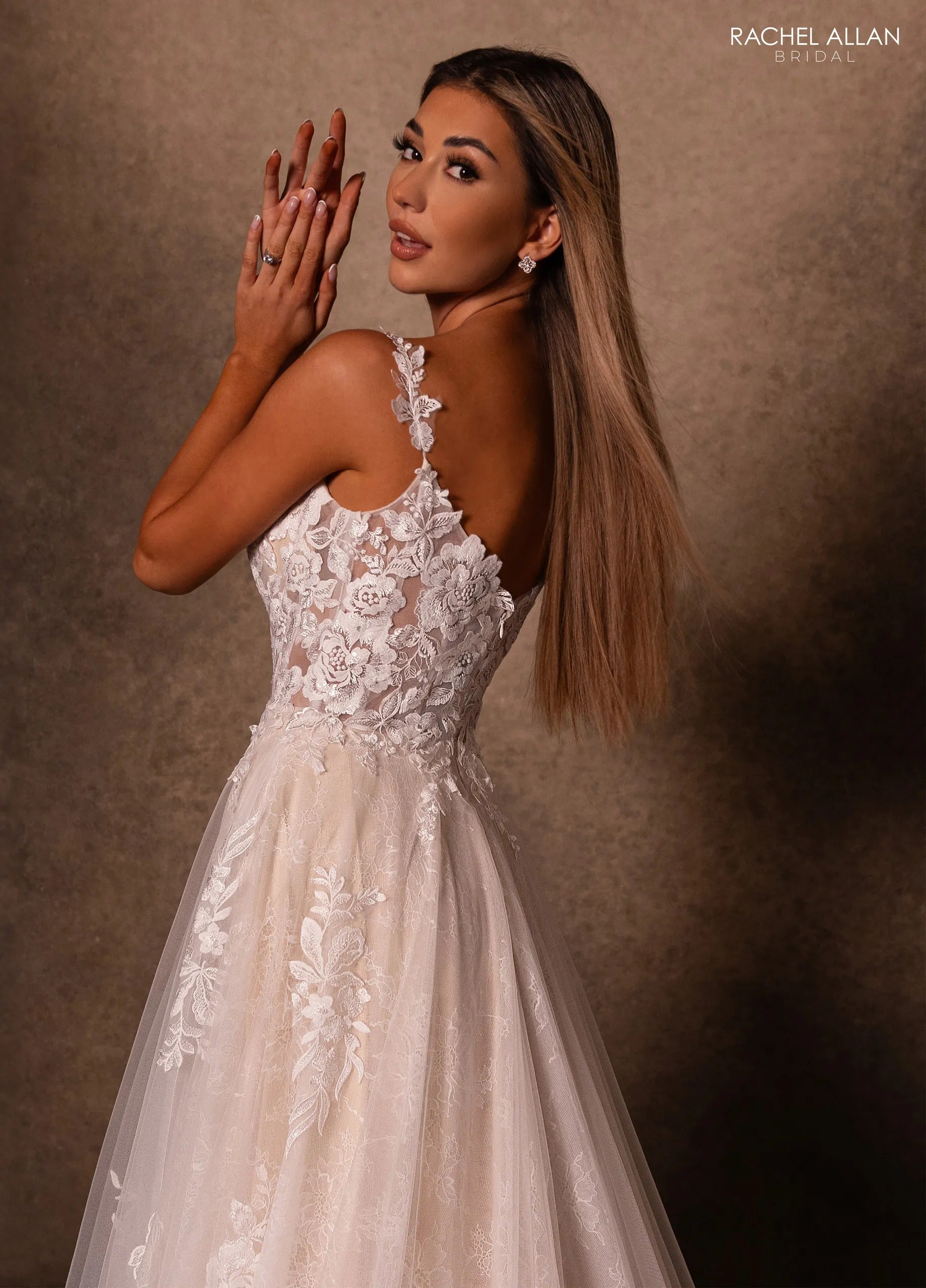 Ivory Deep Champagne V-Neck Floor-Length Tulle A-Line Wedding Gown with Detachable Liner Rachel Allan RB3231