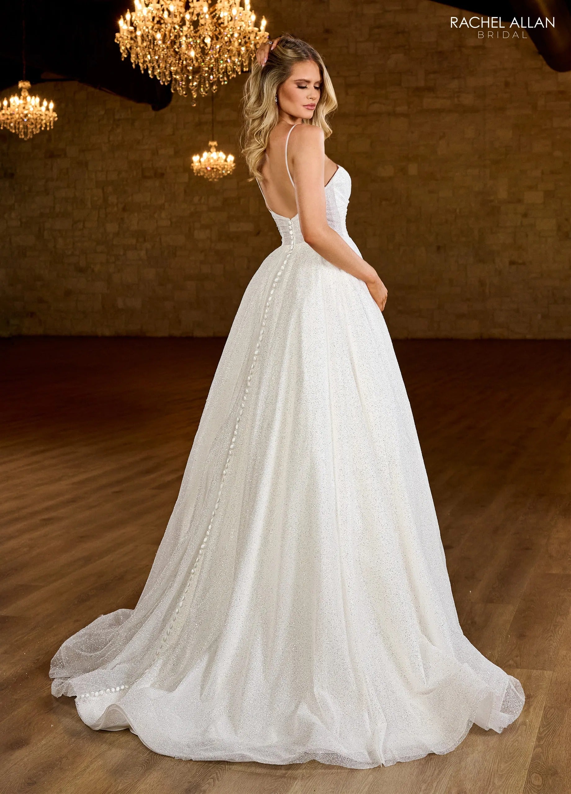 Ivory V-Neck Floor-Length Glitter Tulle A-Line Wedding Gown with Thigh-High Slit Rachel Allan RB3200
