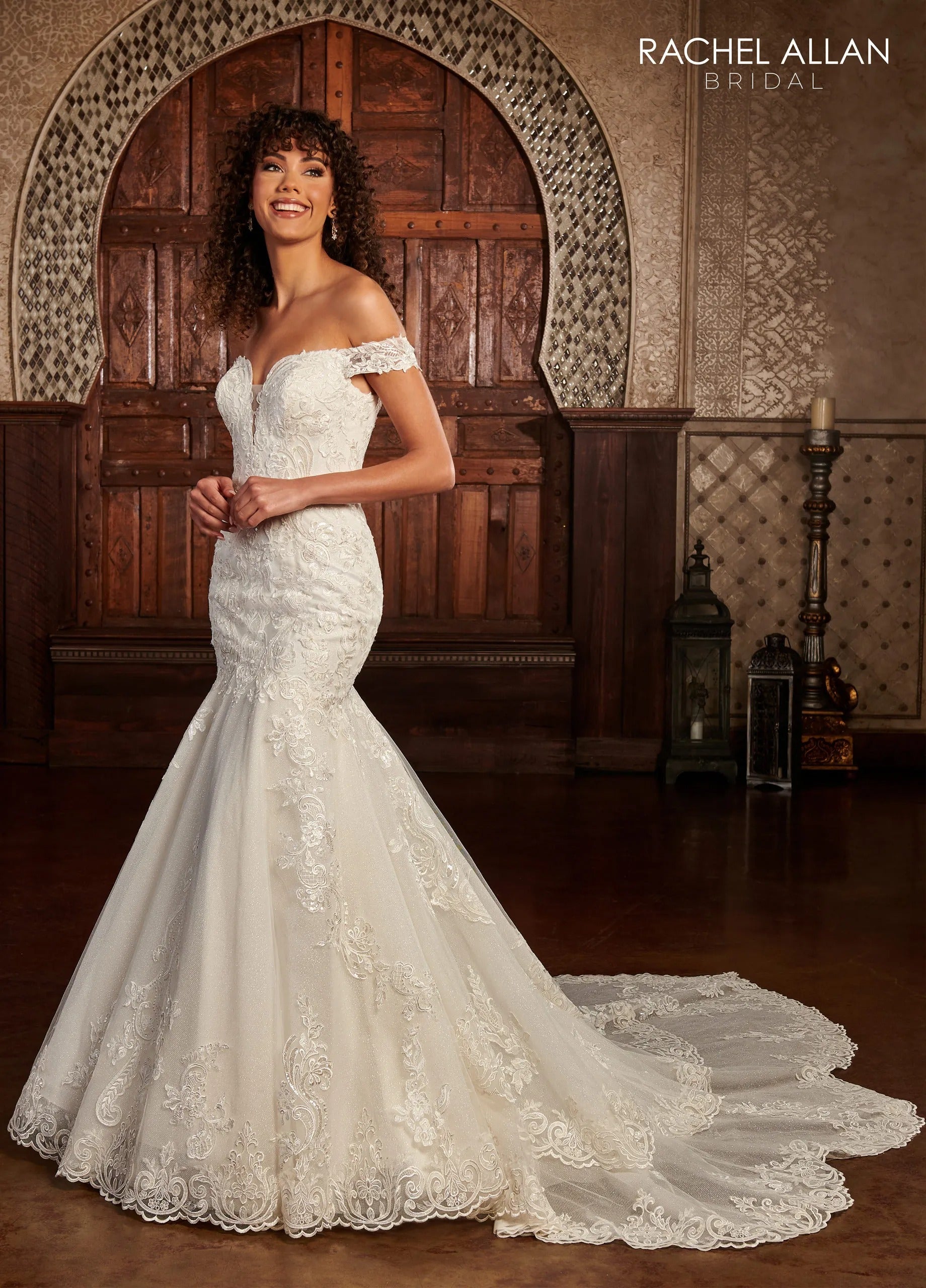 Ivory Off-the-Shoulder Floor-Length Lace Mermaid Wedding Gown with Scallop Chapel Train Rachel Allan RB3167