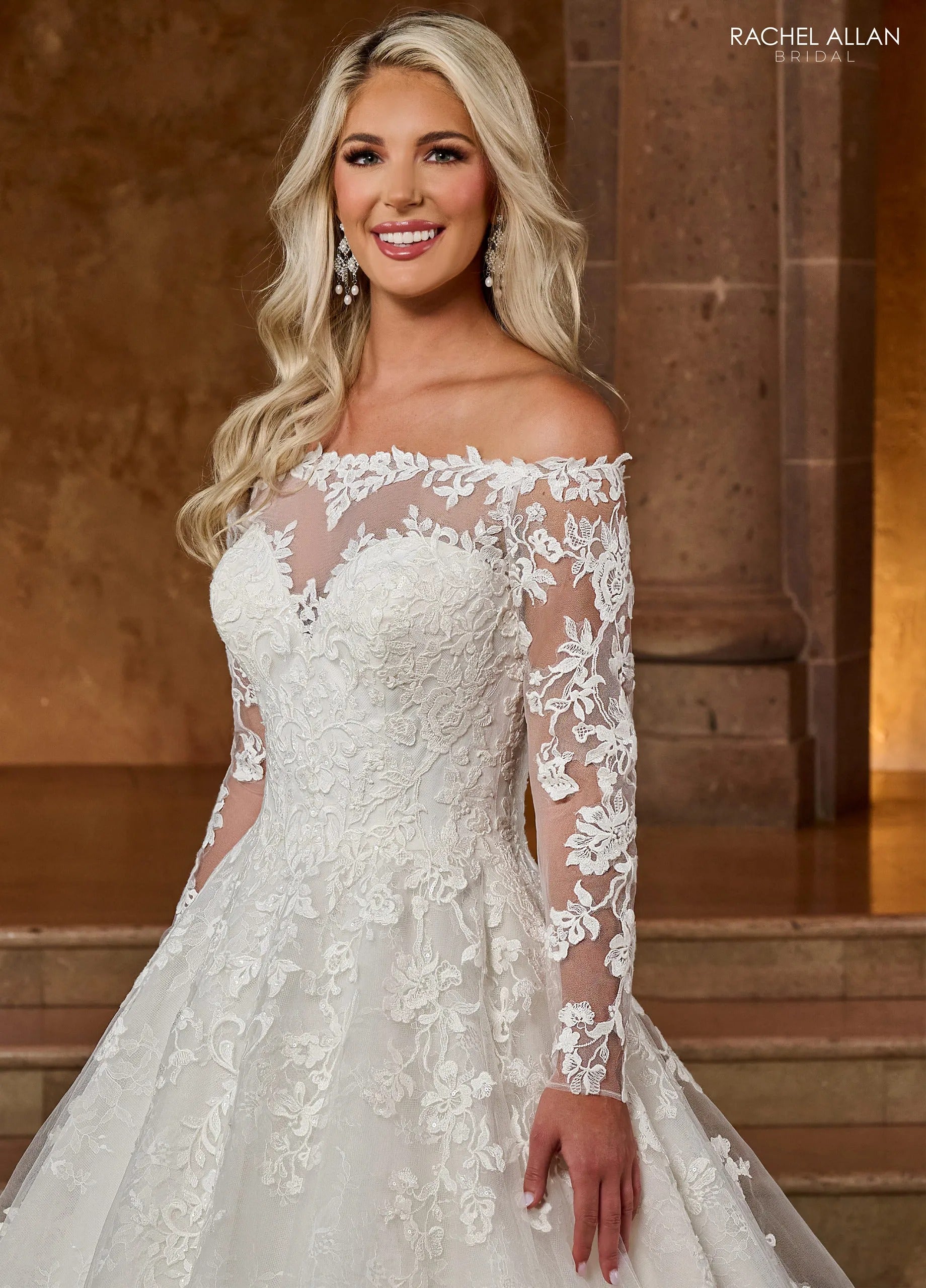 Ivory Off-the-Shoulder Floor-Length Tulle Ball Gown with Semi-Cathedral Train Rachel Allan RB3196