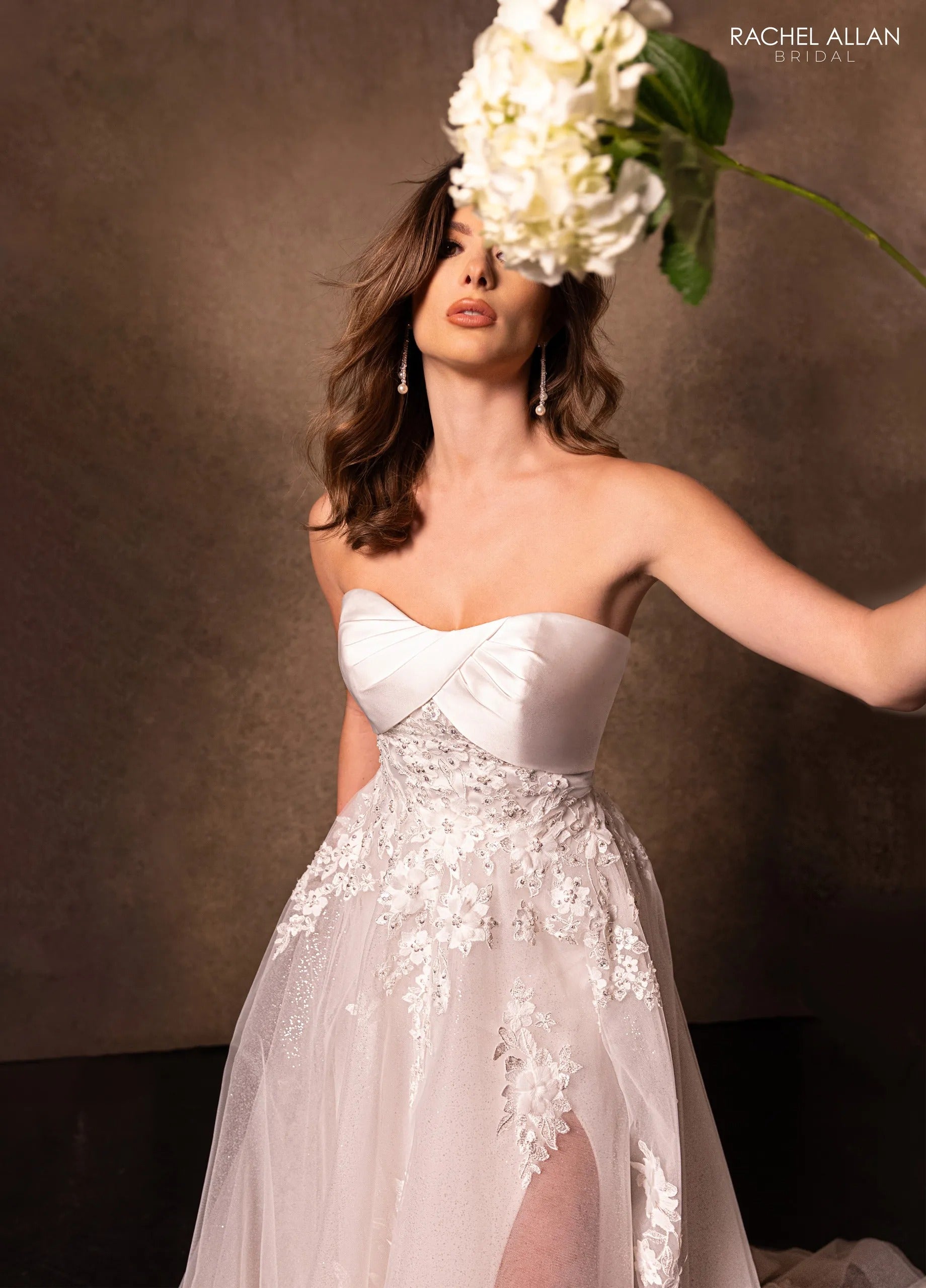 Ivory Off-the-Shoulder Floor-Length Lace Mermaid Wedding Dress with Sheer Bodice Rachel Allan RB3229