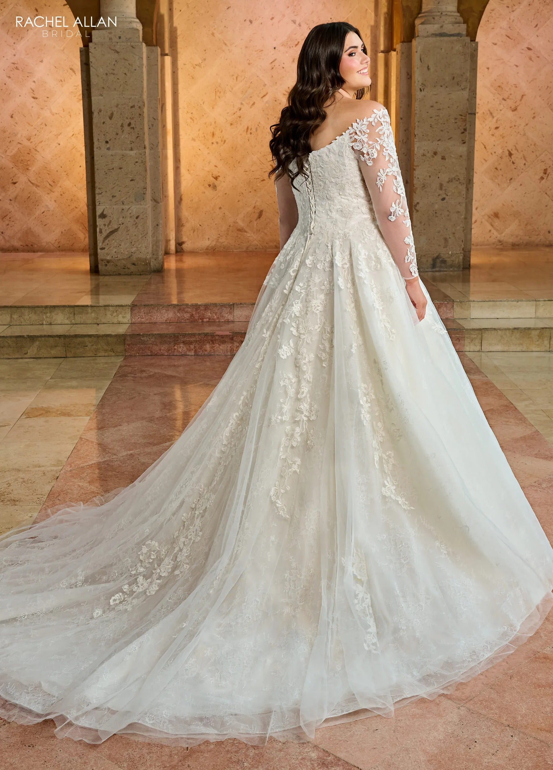 Ivory Off-the-Shoulder Floor-Length Tulle Ball Gown with Semi-Cathedral Train Rachel Allan RB3196