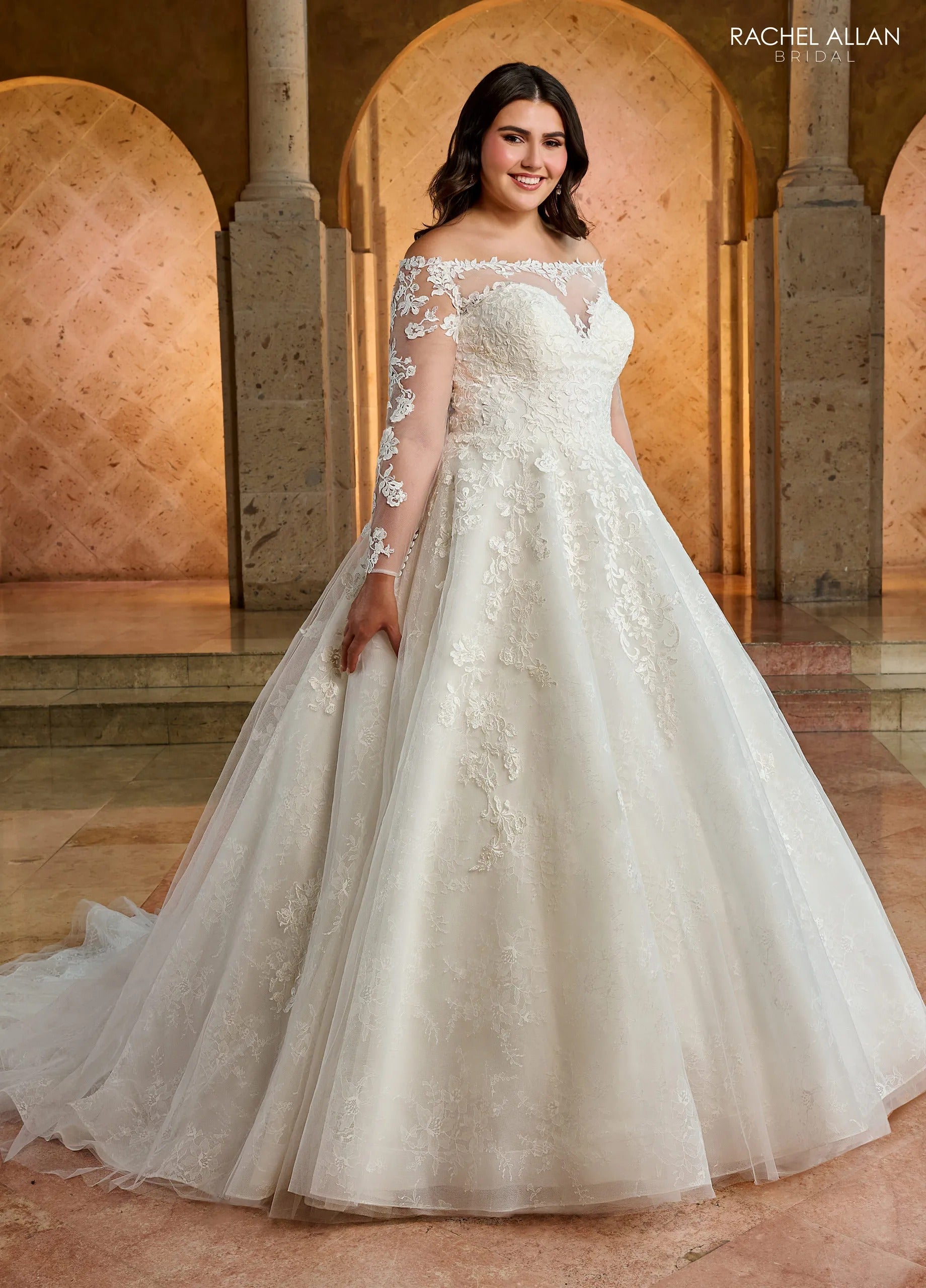 Ivory Off-the-Shoulder Floor-Length Tulle Ball Gown with Semi-Cathedral Train Rachel Allan RB3196
