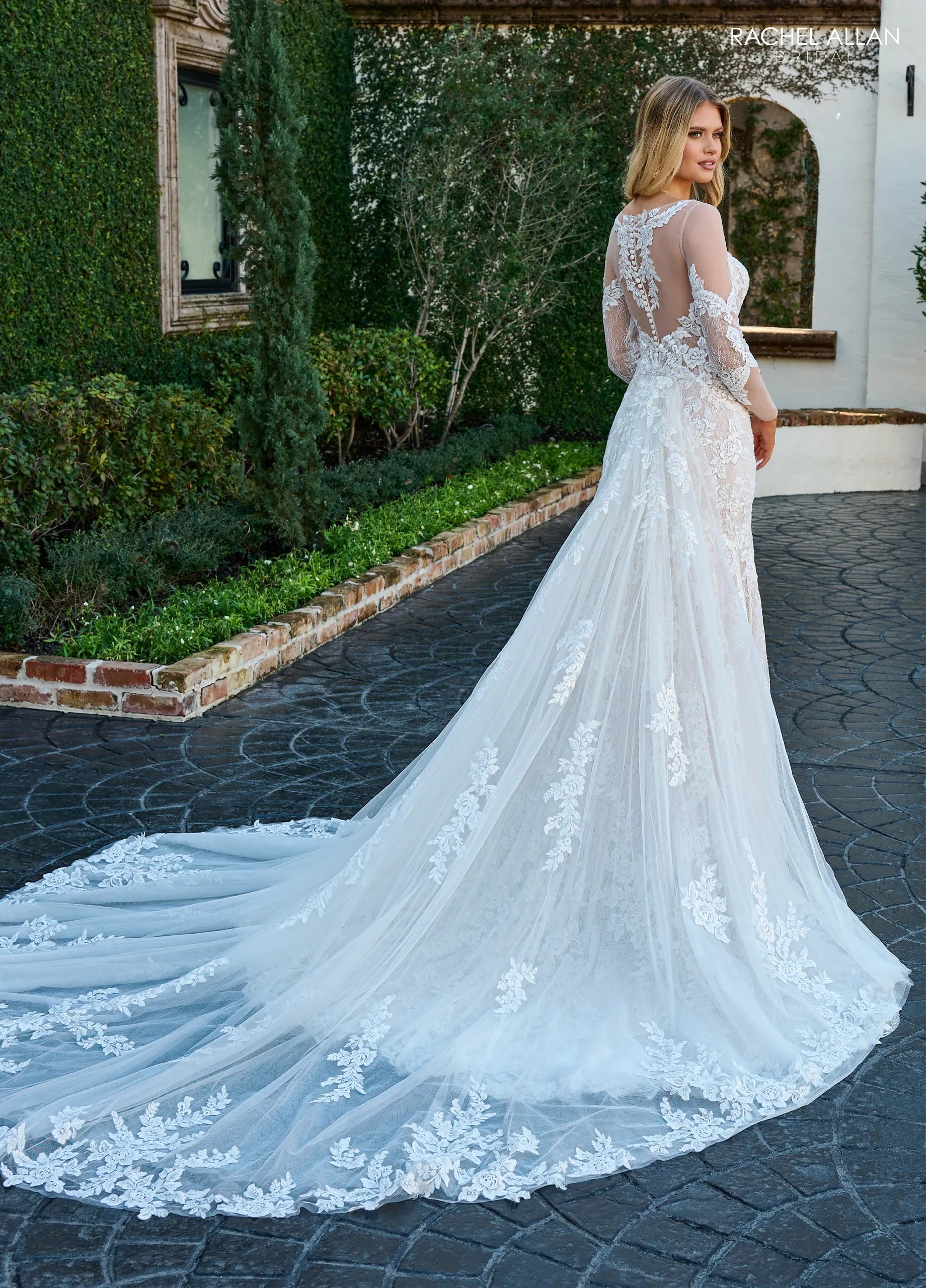 Ivory Nude Off-the-Shoulder Floor-Length Mikado Fit and Flare Wedding Dress with Detachable Train Rachel Allan RB3203
