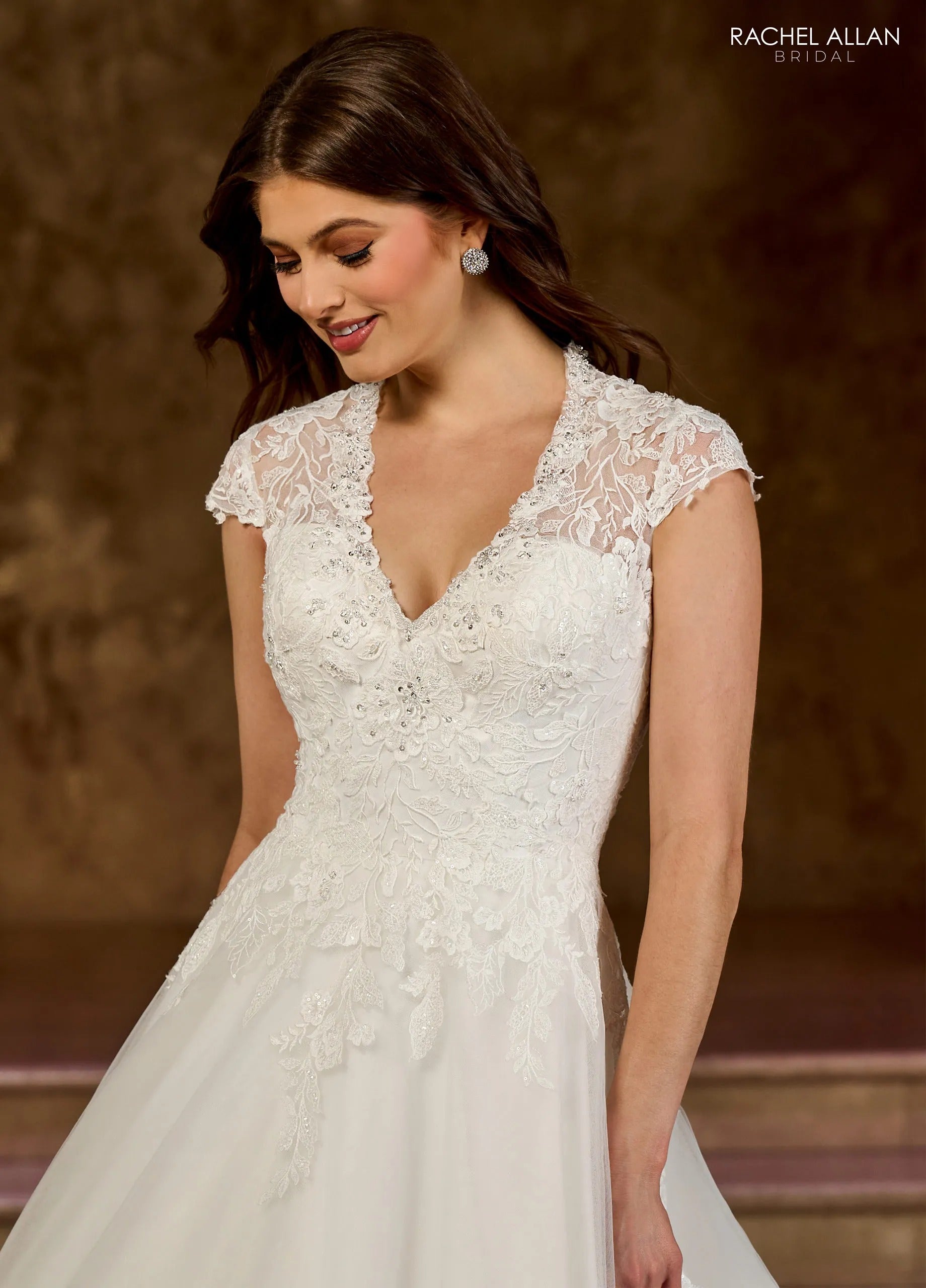 Ivory V-Neck Floor-Length Tulle Ball Gown with Applique Mini Sleeves Rachel Allan RB3193
