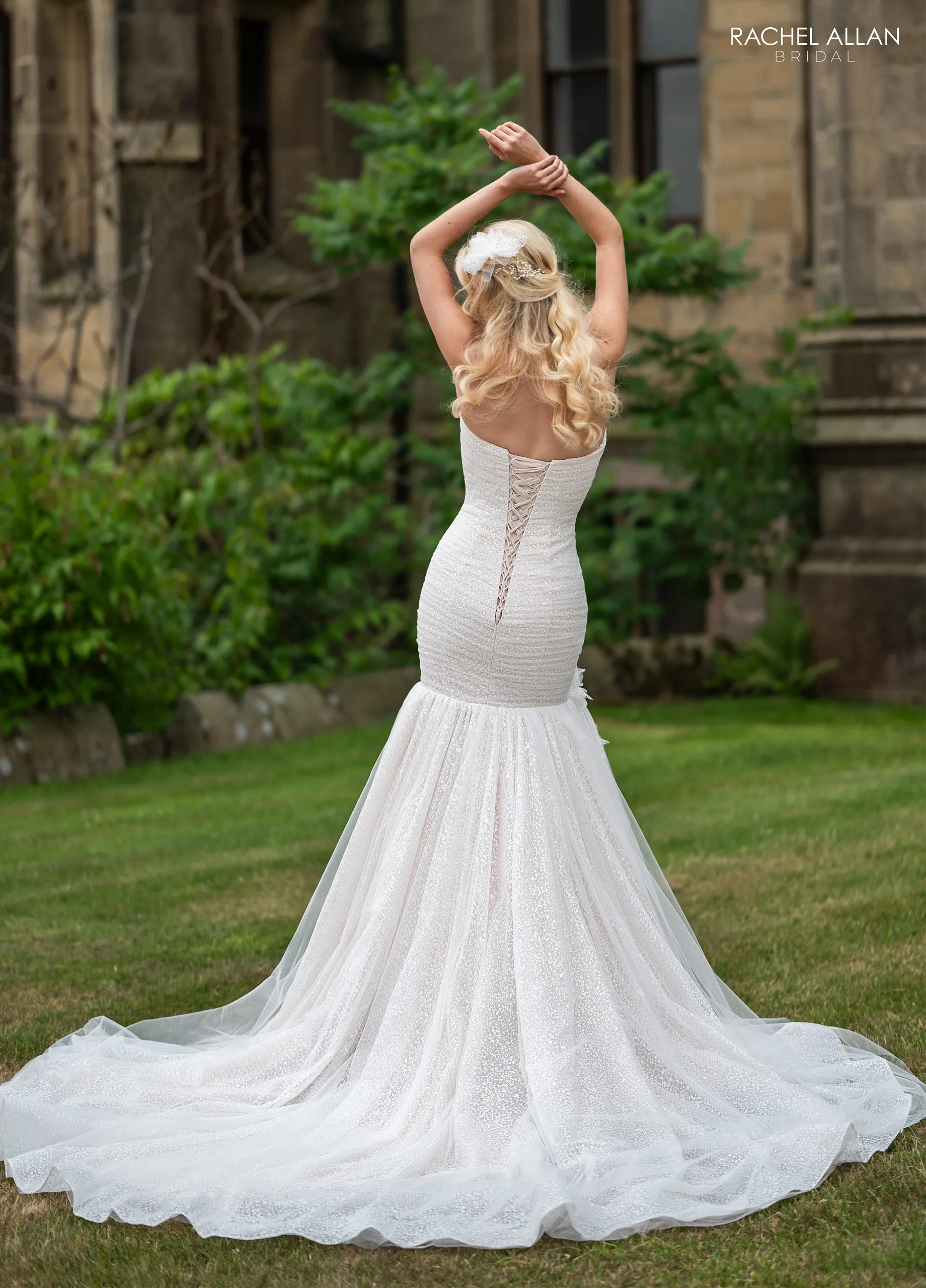 Ivory Champagne Nude Plunging V-Neck Floor-Length Glitter Tulle Wedding Dress with Floral Applique Rachel Allan RB3242