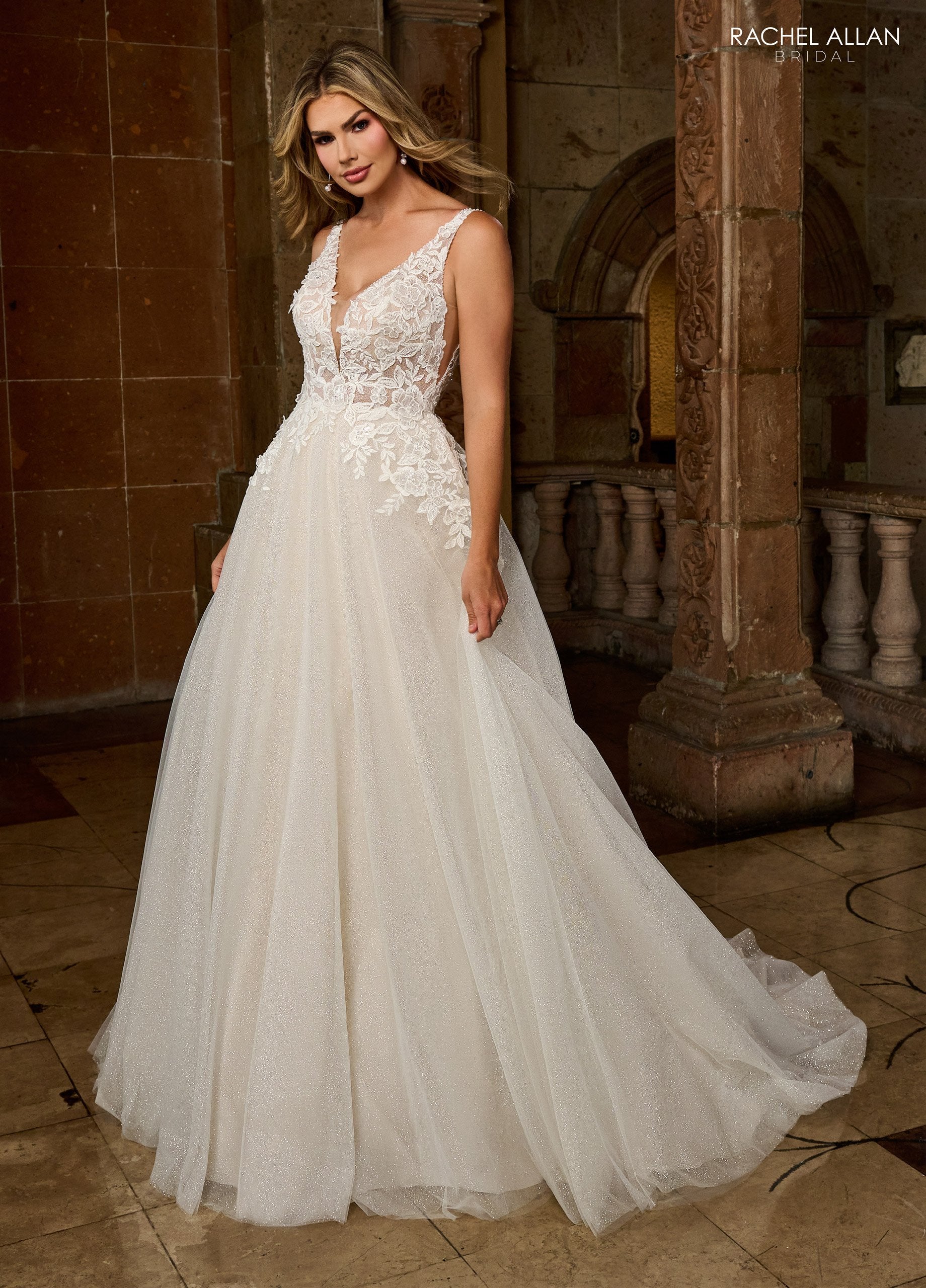 Wedding Dresses Glitter 3D Floral Applique Long A Line Wedding Dress Ivory