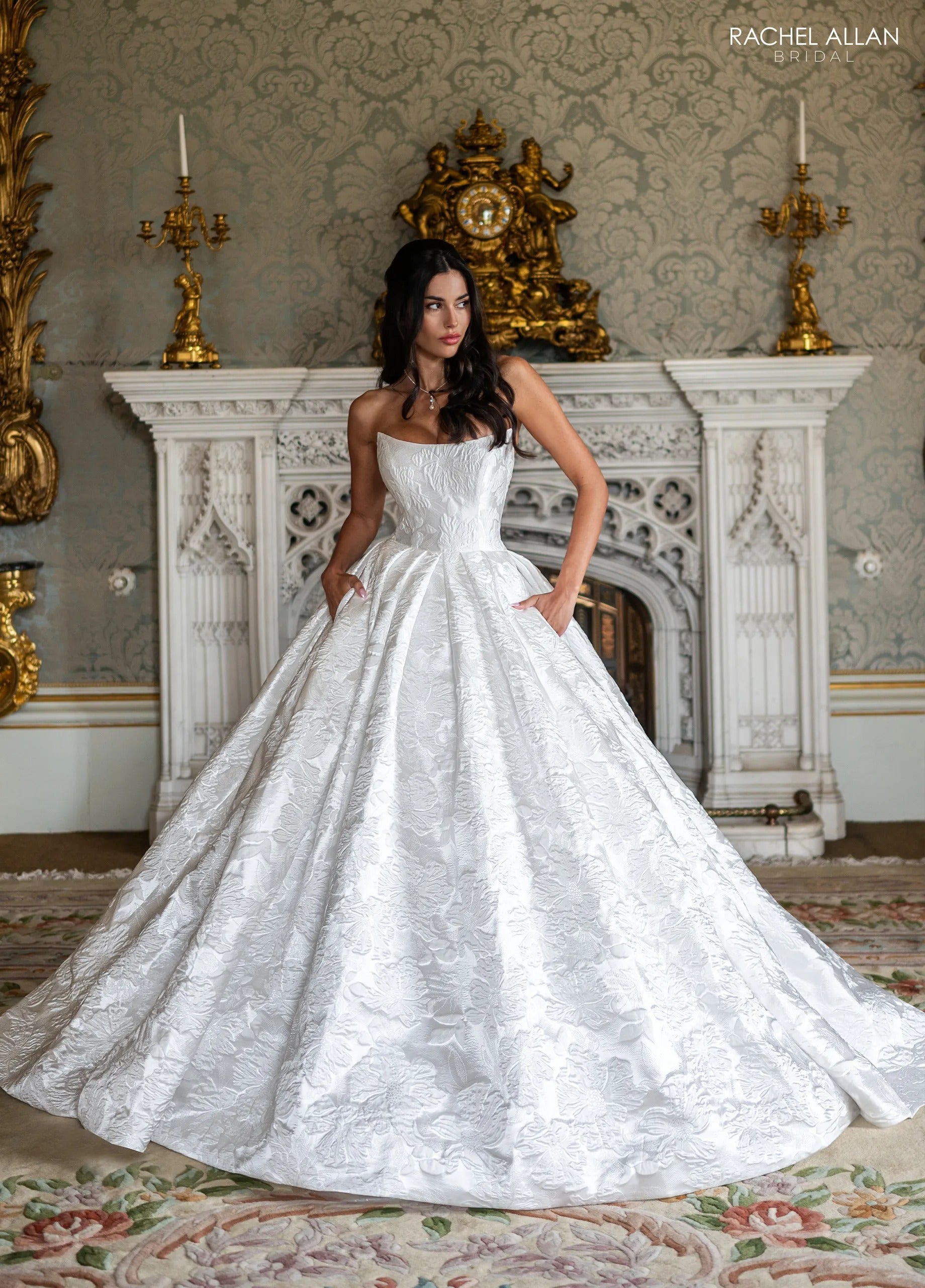 Ivory Strapless Floor-Length Brocade Wedding Dress Ballgown with Pockets Rachel Allan RB3240
