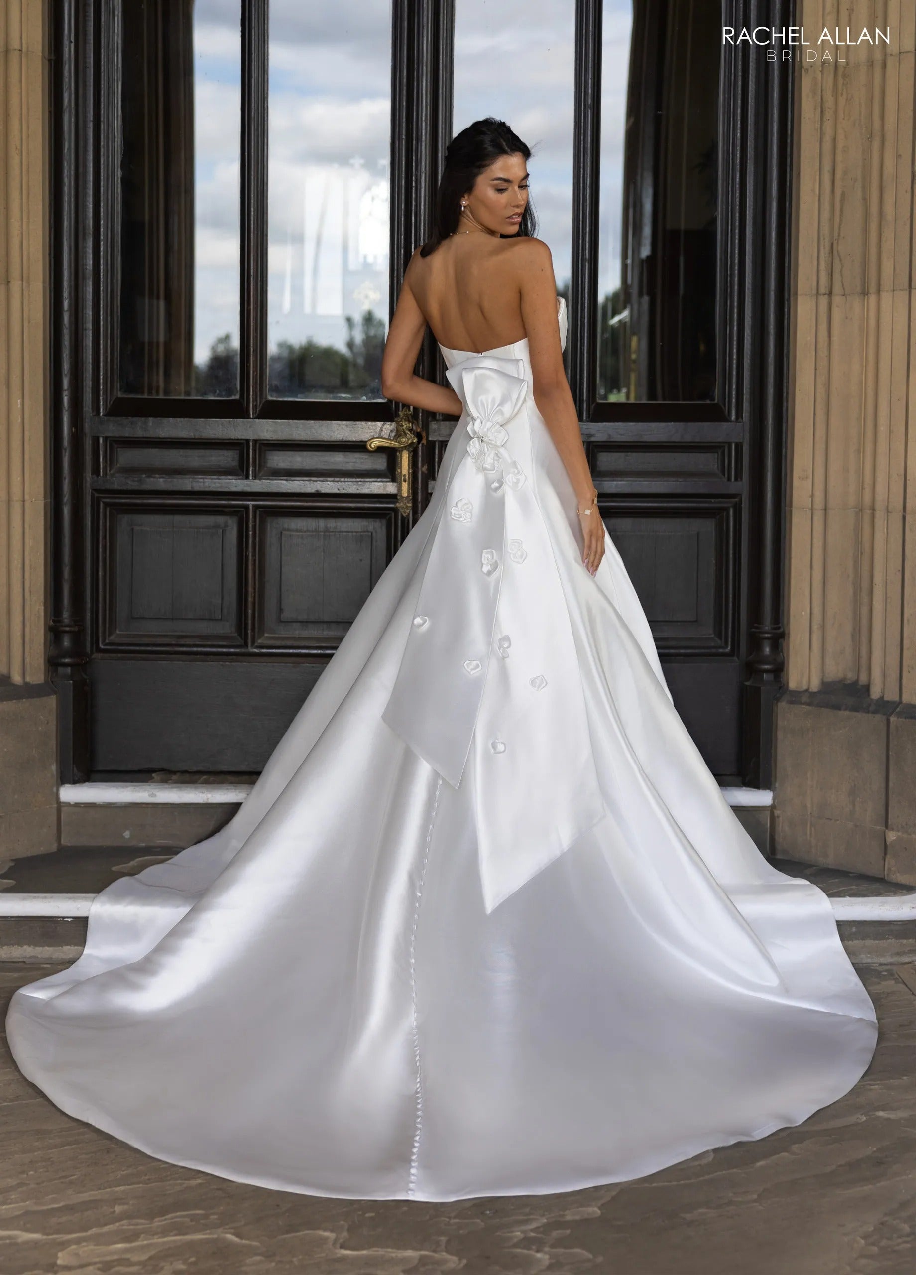 Ivory Sweetheart Floor-Length Mikado Wedding Dress Ballgown with Detachable Bow Rachel Allan RB3246