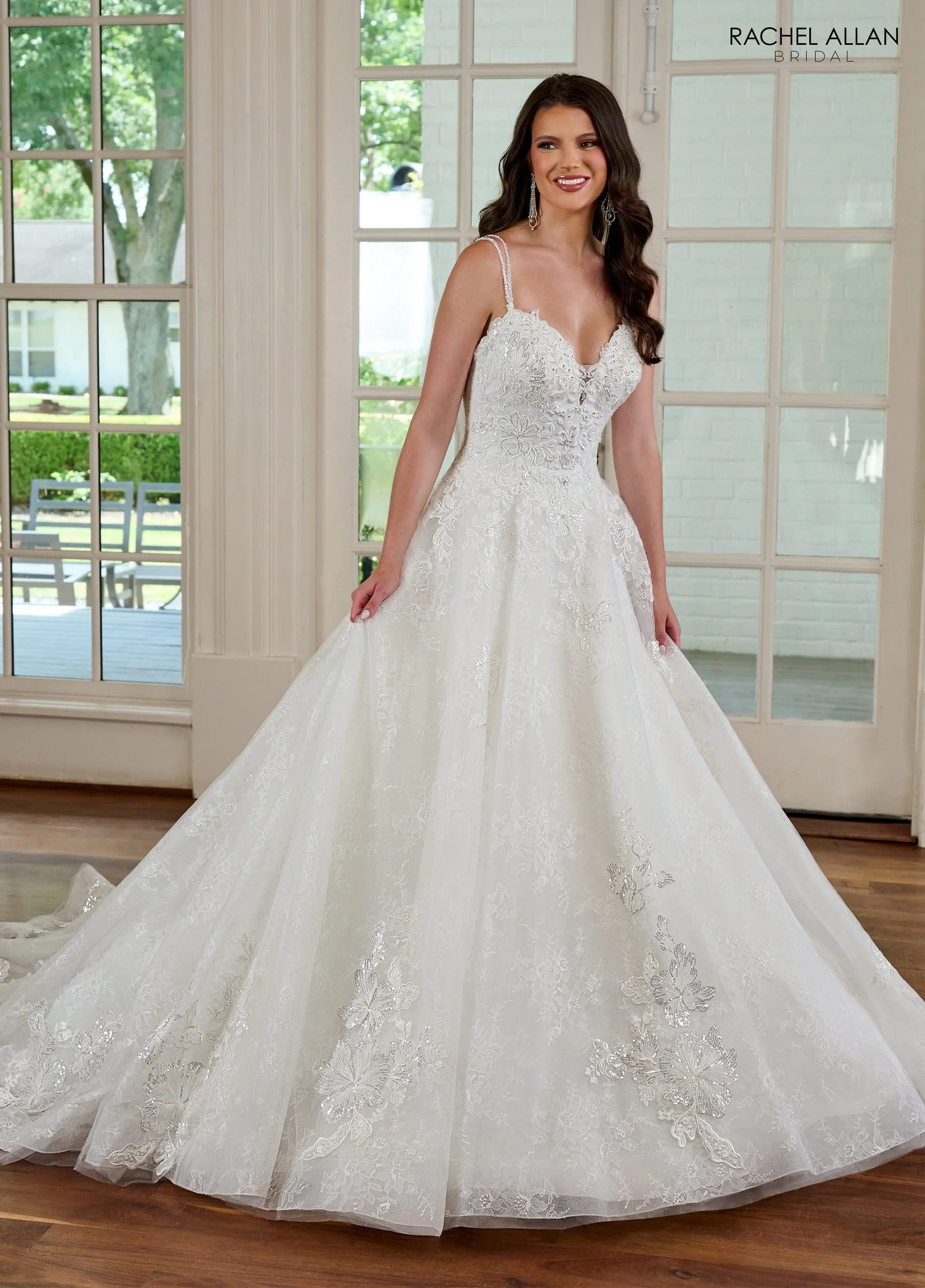Ivory V-Neck Floor-Length Tulle A-Line Wedding Dress with Double Straps Rachel Allan RB3180