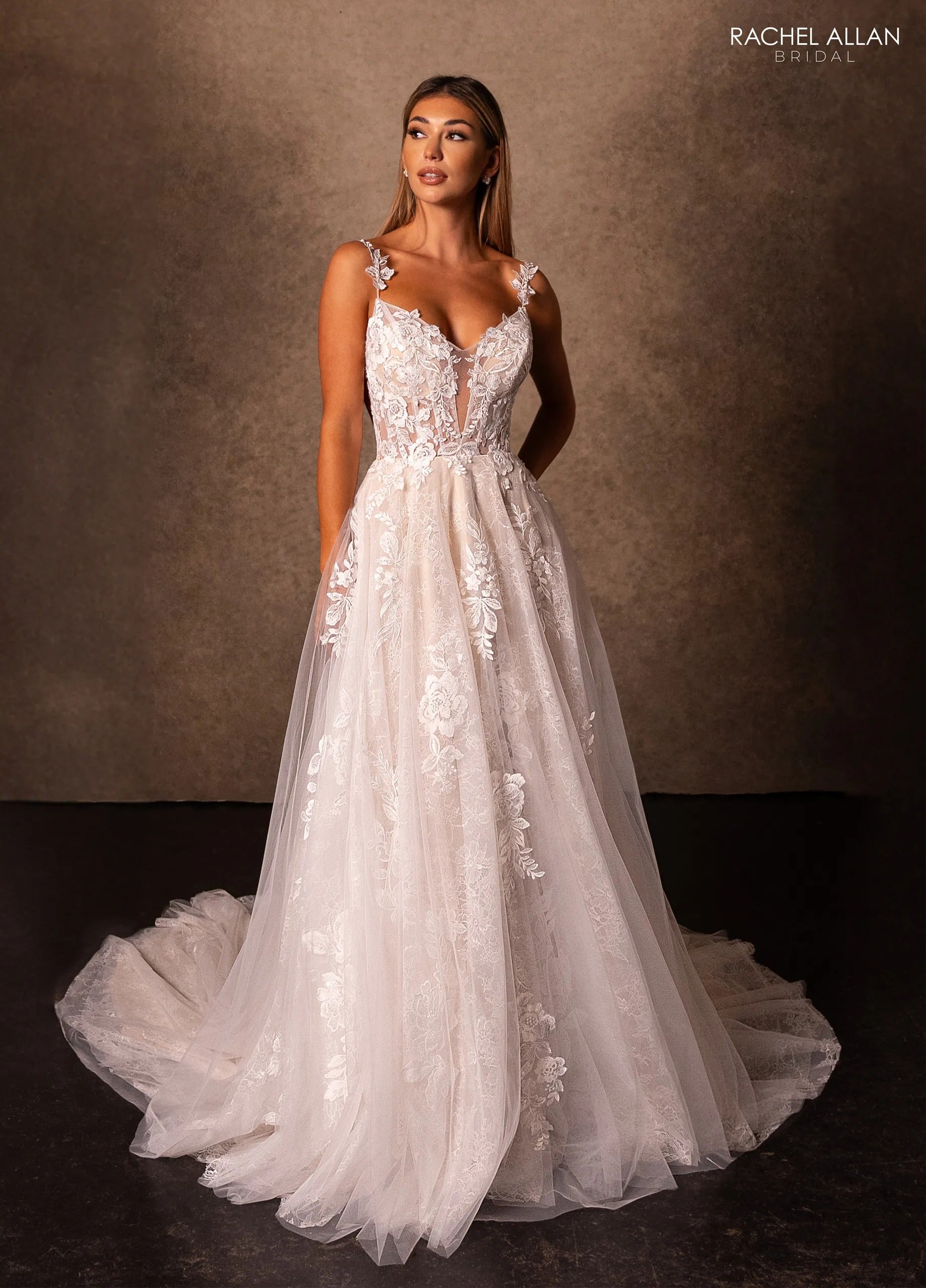 Ivory Deep Champagne V-Neck Floor-Length Tulle A-Line Wedding Gown with Detachable Liner Rachel Allan RB3231