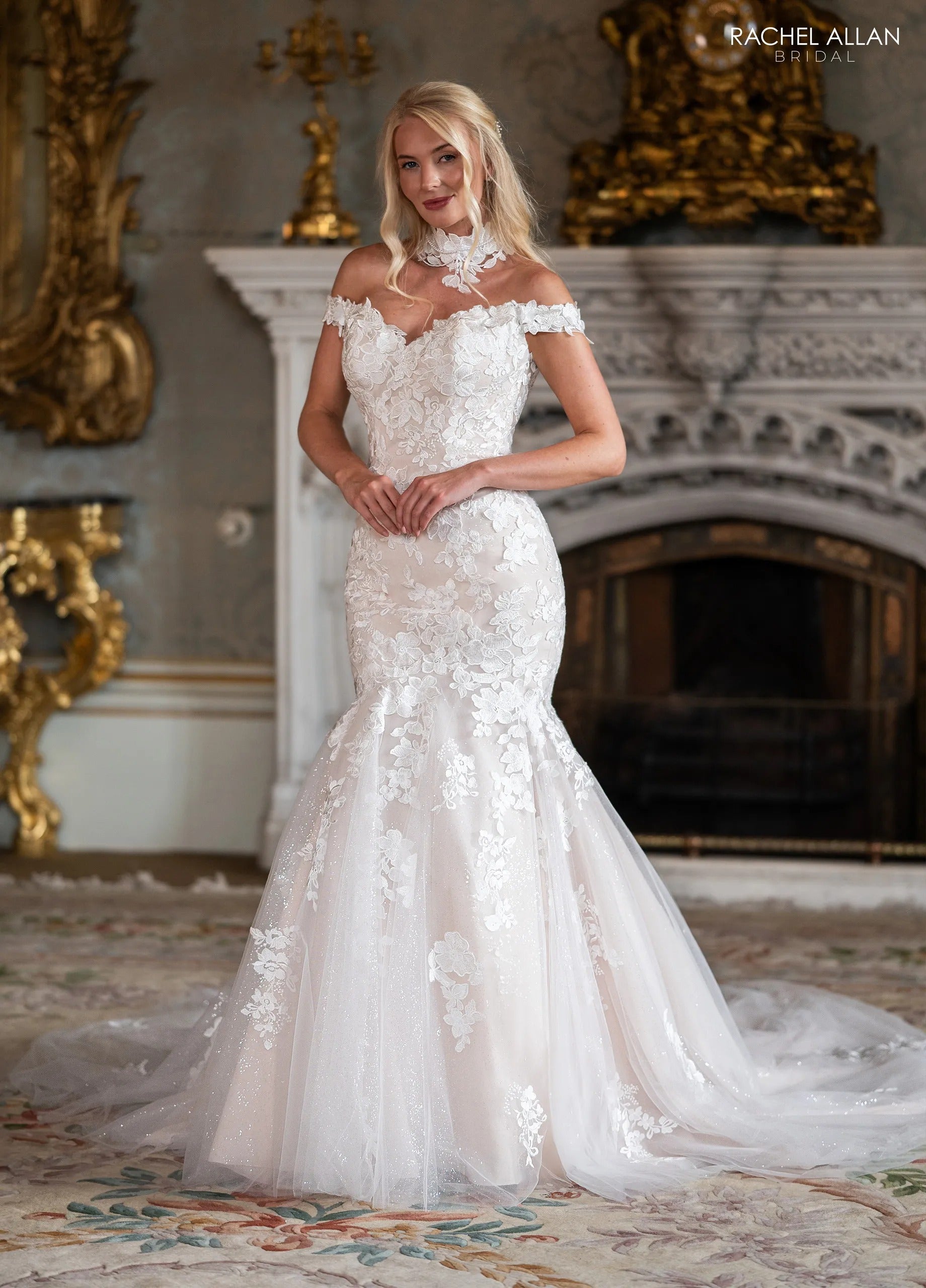 Ivory Champagne Nude Off-the-Shoulder Floor-Length Glitter Tulle Wedding Dress Mermaid Gown with Chapel Rachel Allan RB3245