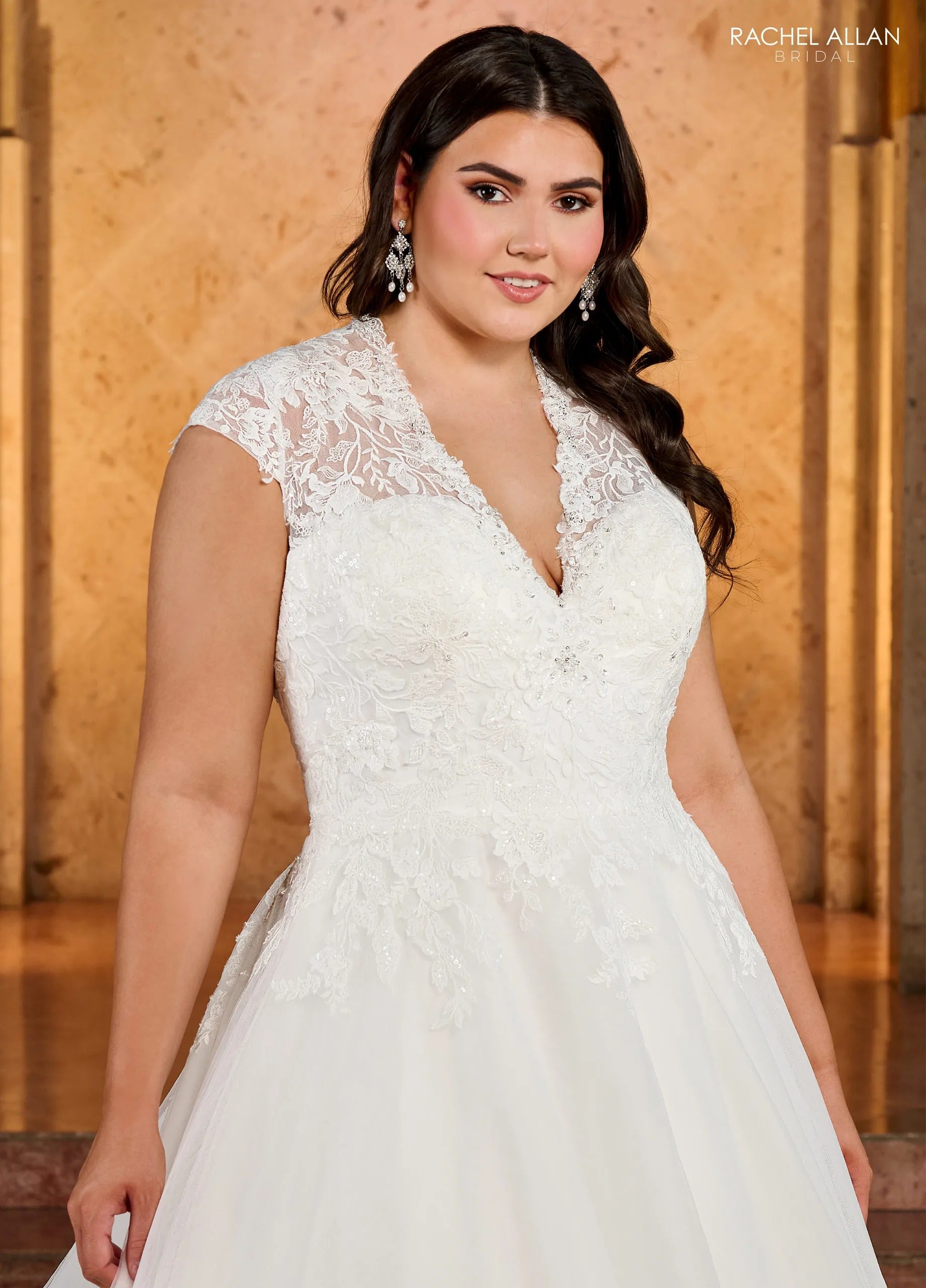 Ivory V-Neck Floor-Length Tulle Ball Gown with Applique Mini Sleeves Rachel Allan RB3193