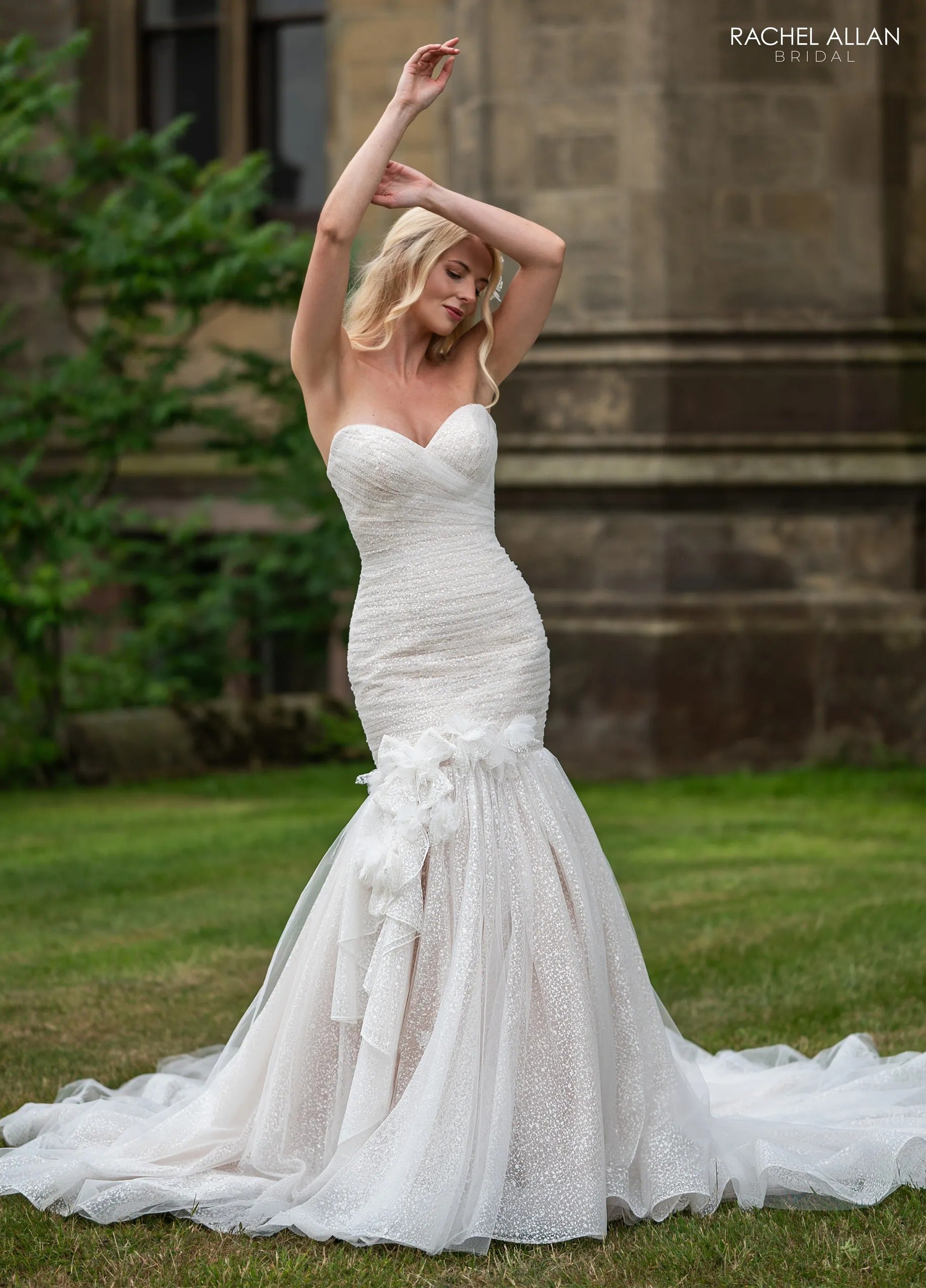 Ivory Champagne Nude Plunging V-Neck Floor-Length Glitter Tulle Wedding Dress with Floral Applique Rachel Allan RB3242