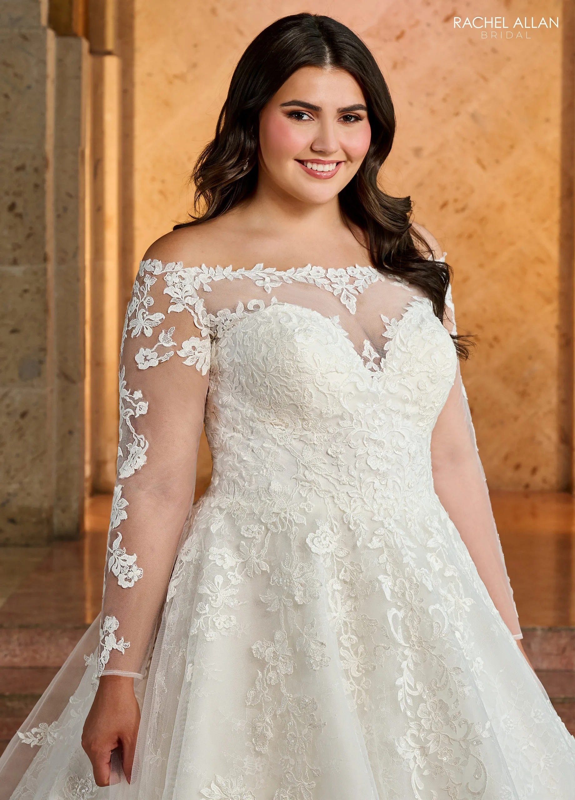 Ivory Off-the-Shoulder Floor-Length Tulle Ball Gown with Semi-Cathedral Train Rachel Allan RB3196