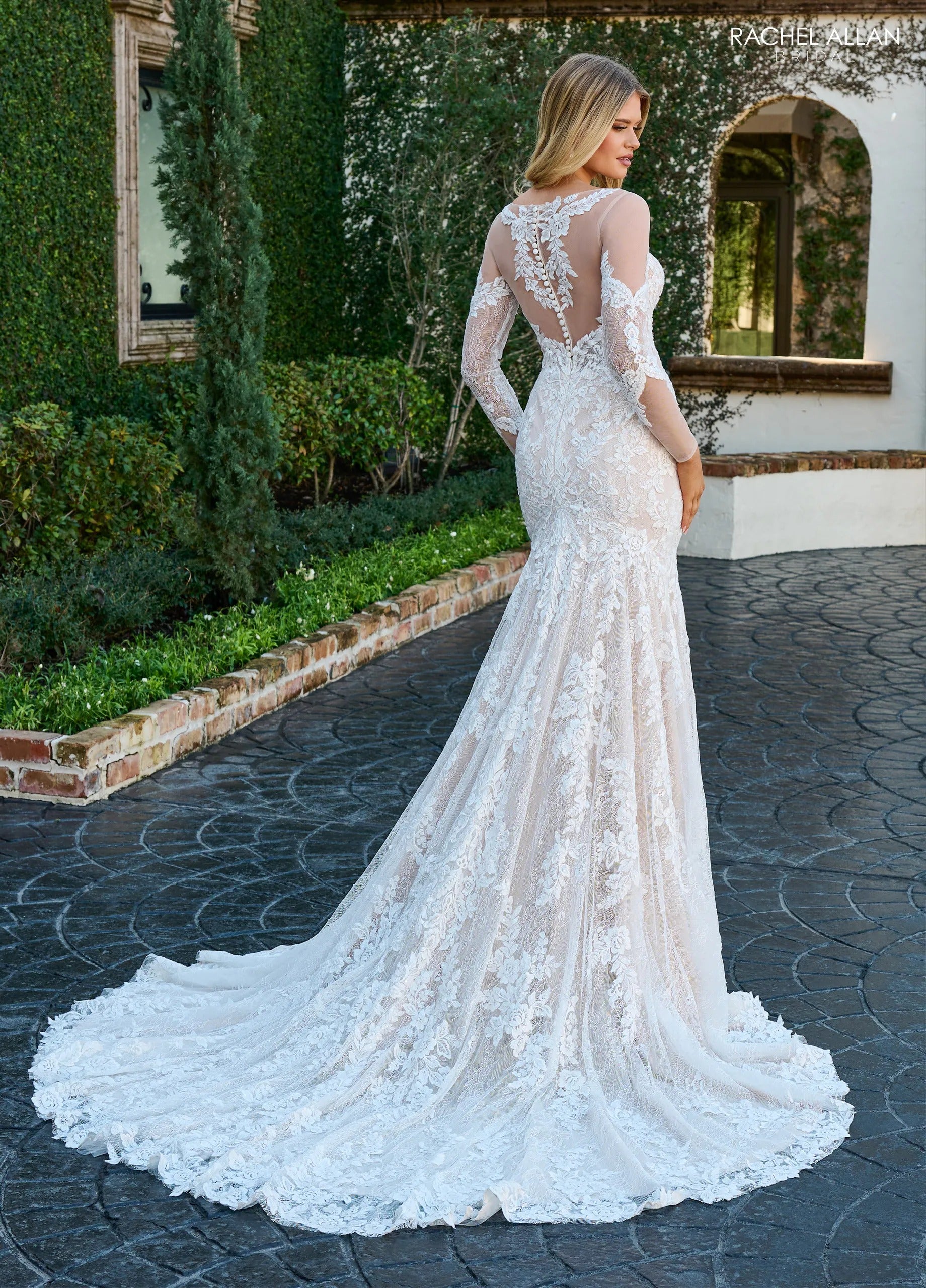 Ivory Nude Off-the-Shoulder Floor-Length Mikado Fit and Flare Wedding Dress with Detachable Train Rachel Allan RB3203