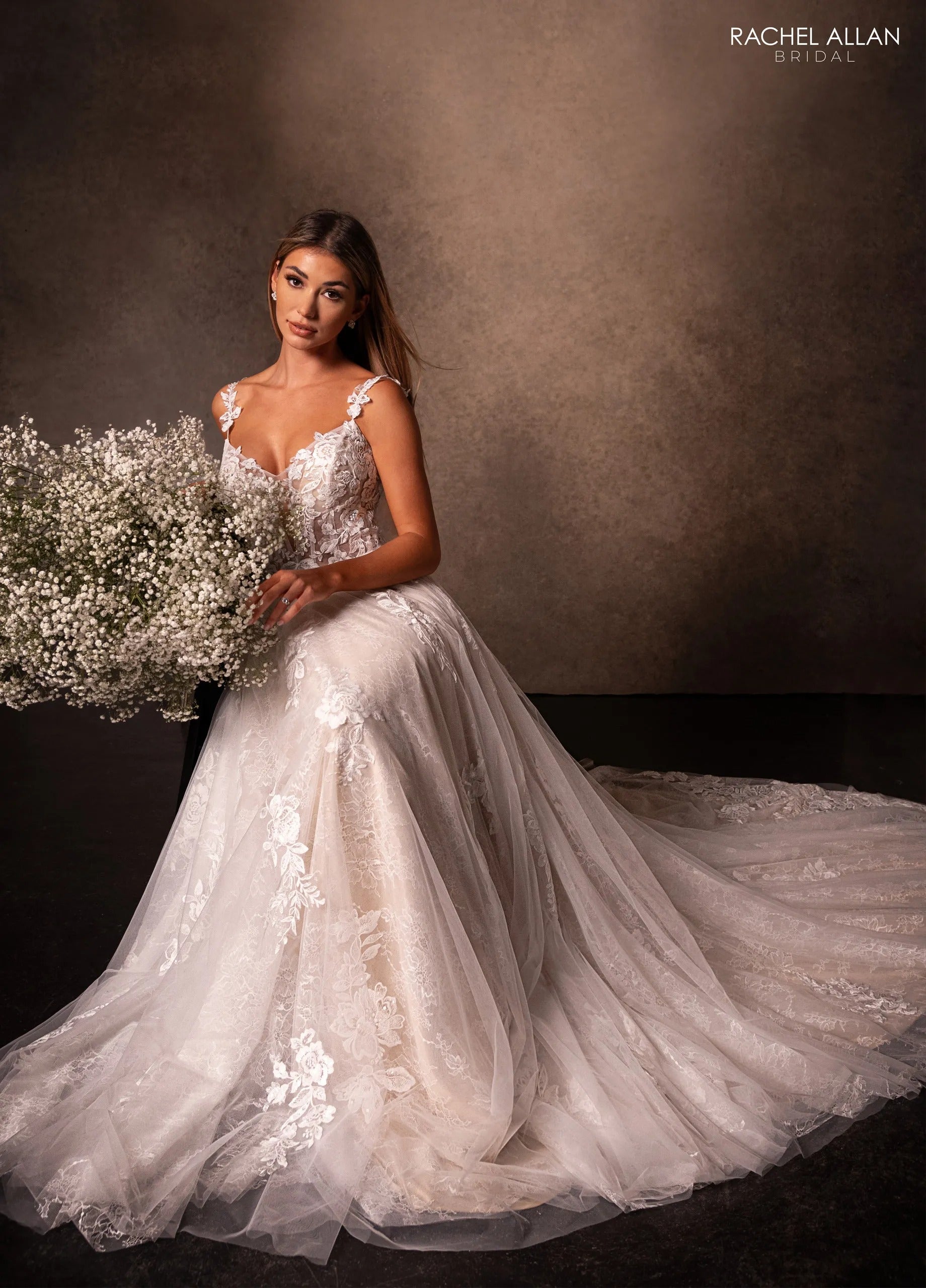 Ivory Deep Champagne V-Neck Floor-Length Tulle A-Line Wedding Gown with Detachable Liner Rachel Allan RB3231