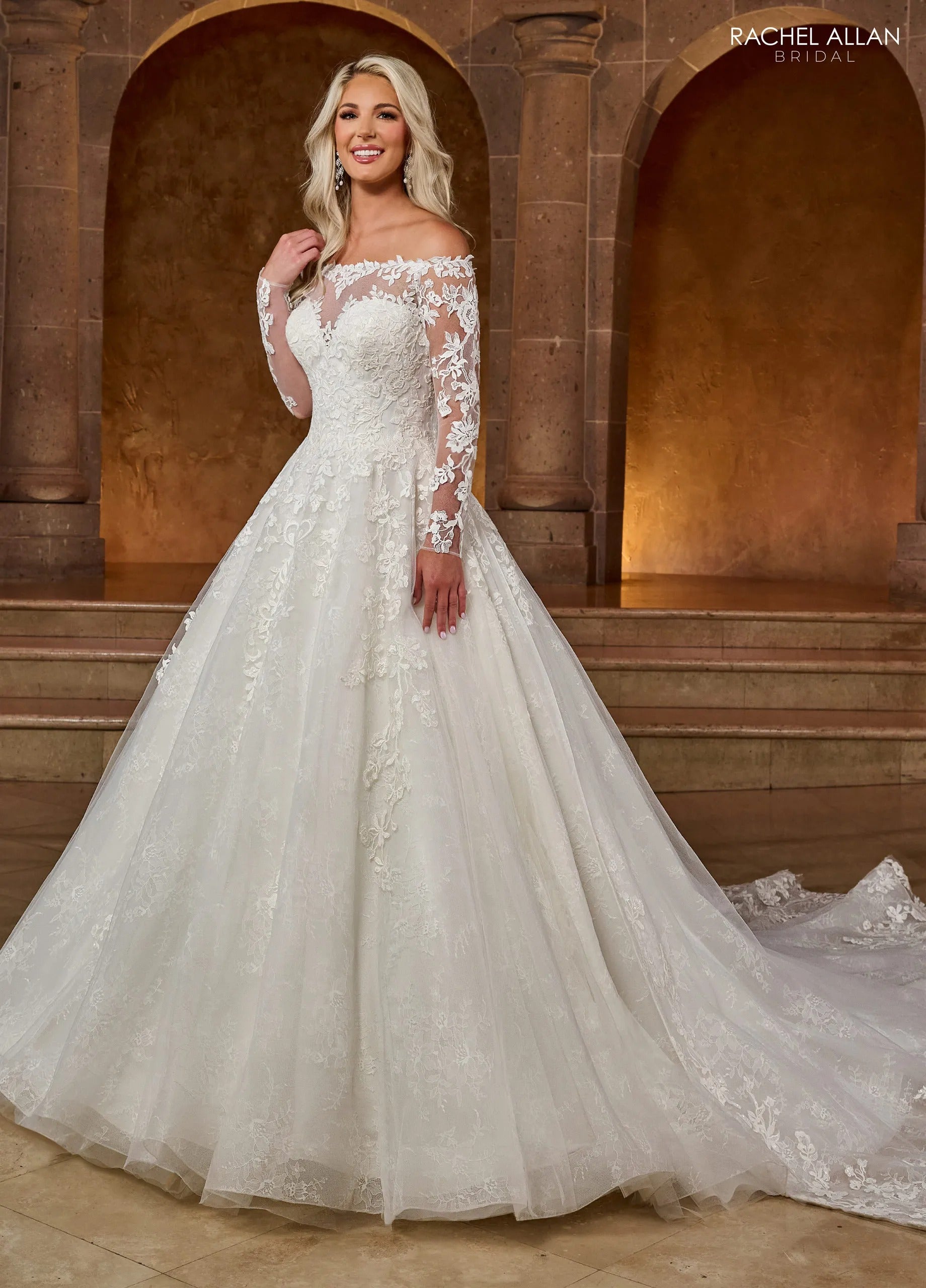 Ivory Off-the-Shoulder Floor-Length Tulle Ball Gown with Semi-Cathedral Train Rachel Allan RB3196