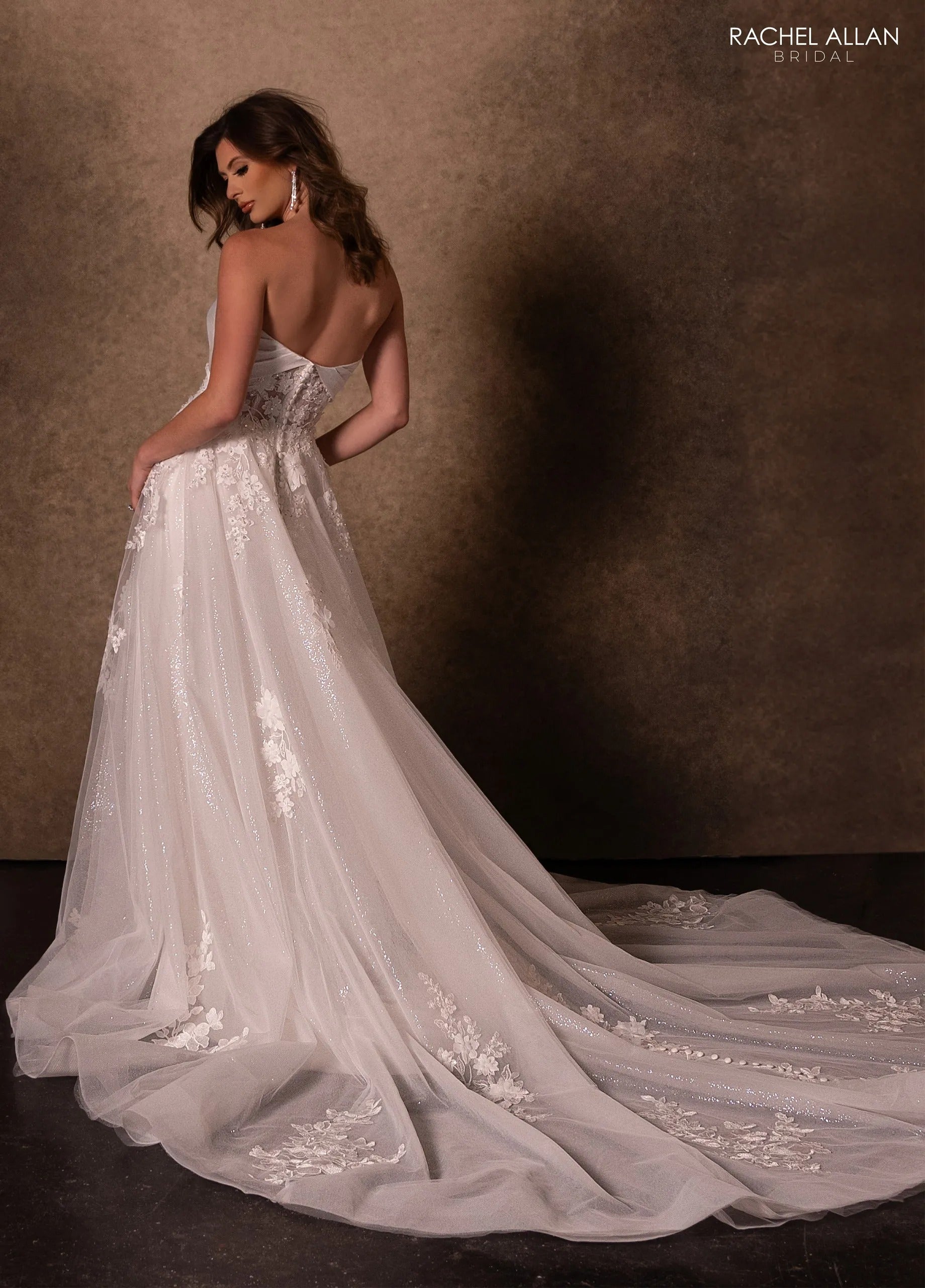 Ivory Off-the-Shoulder Floor-Length Lace Mermaid Wedding Dress with Sheer Bodice Rachel Allan RB3229
