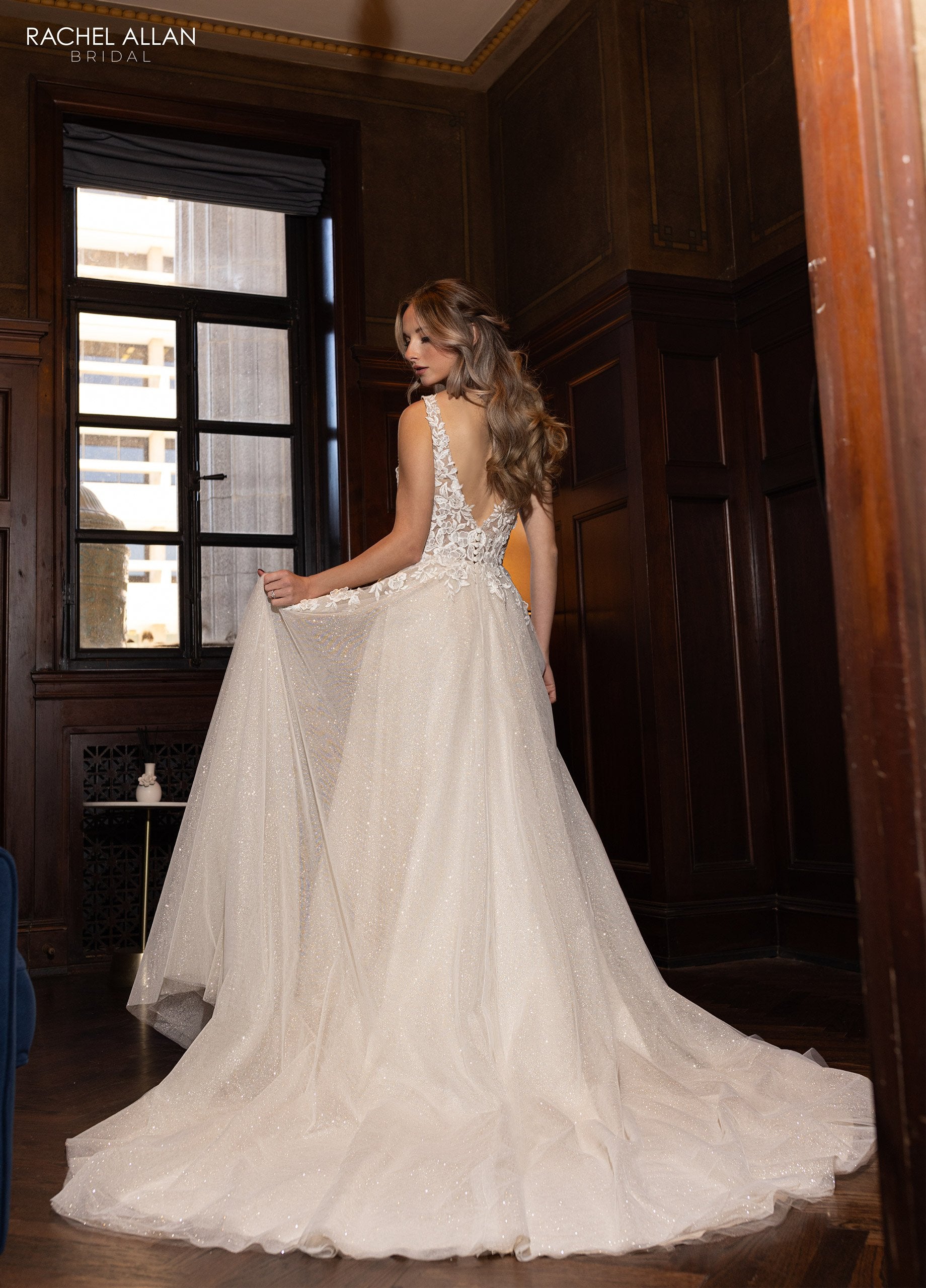 Rachel Allan RB3222 Glitter 3D Floral Applique Long A Line Wedding Dress