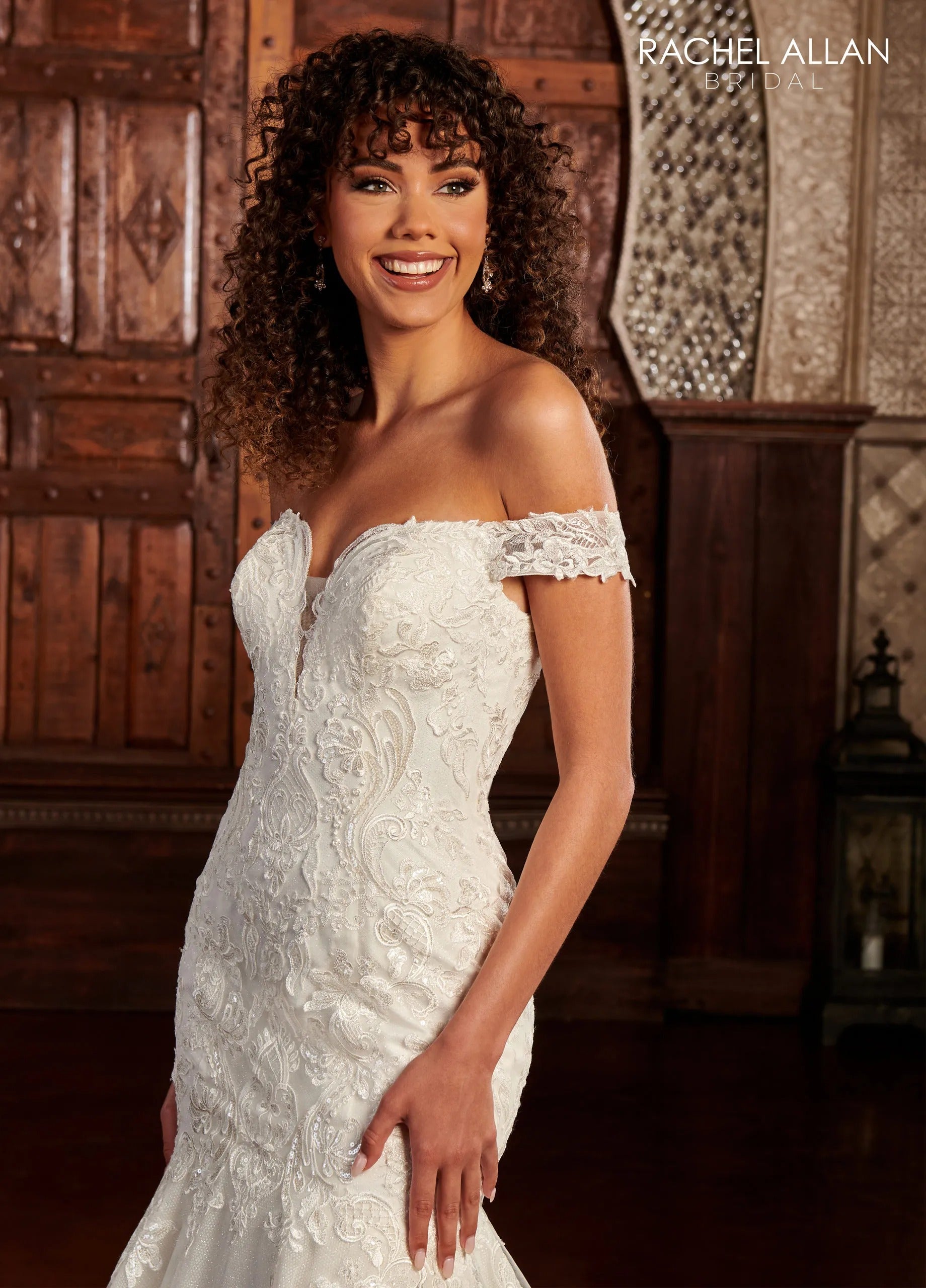 Ivory Off-the-Shoulder Floor-Length Lace Mermaid Wedding Gown with Scallop Chapel Train Rachel Allan RB3167