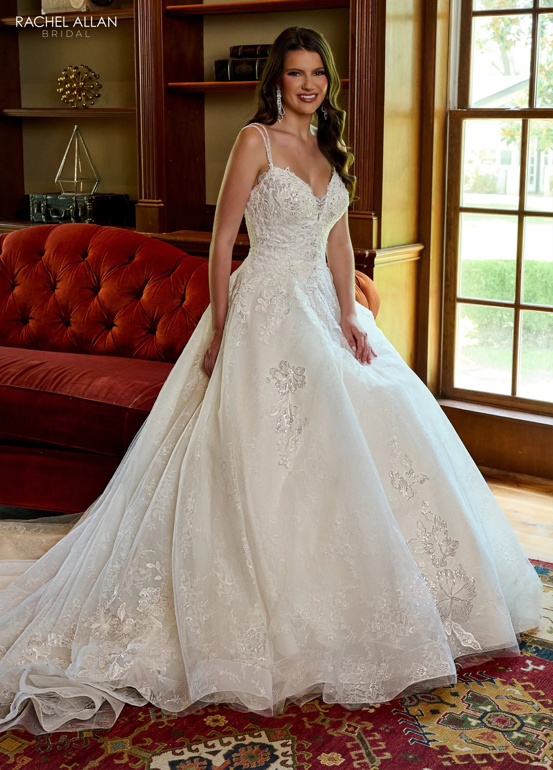Ivory V-Neck Floor-Length Tulle A-Line Wedding Dress with Double Straps Rachel Allan RB3180