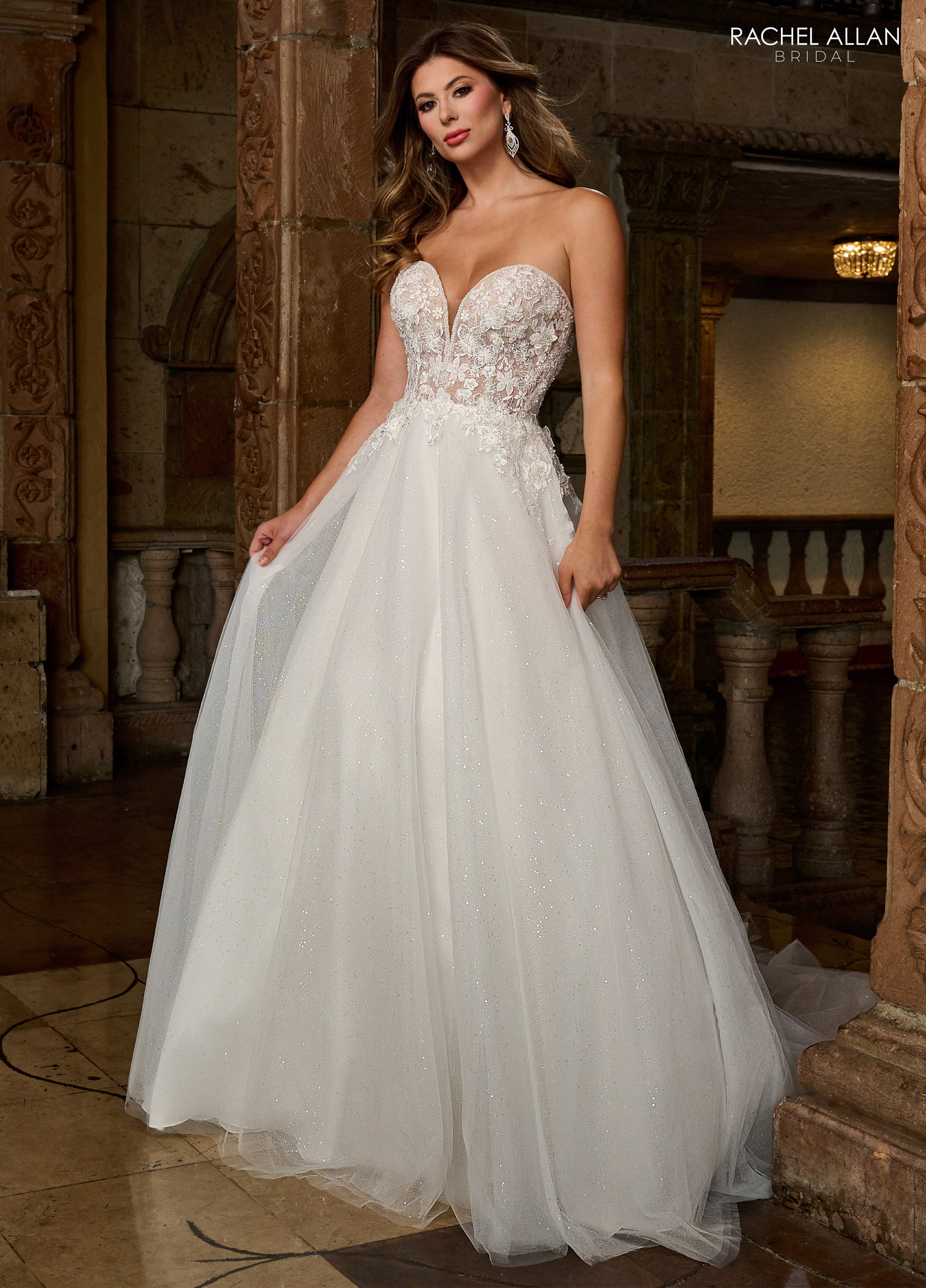 Wedding Dresses A Line Long Glitter 3D Floral Wedding Dress White