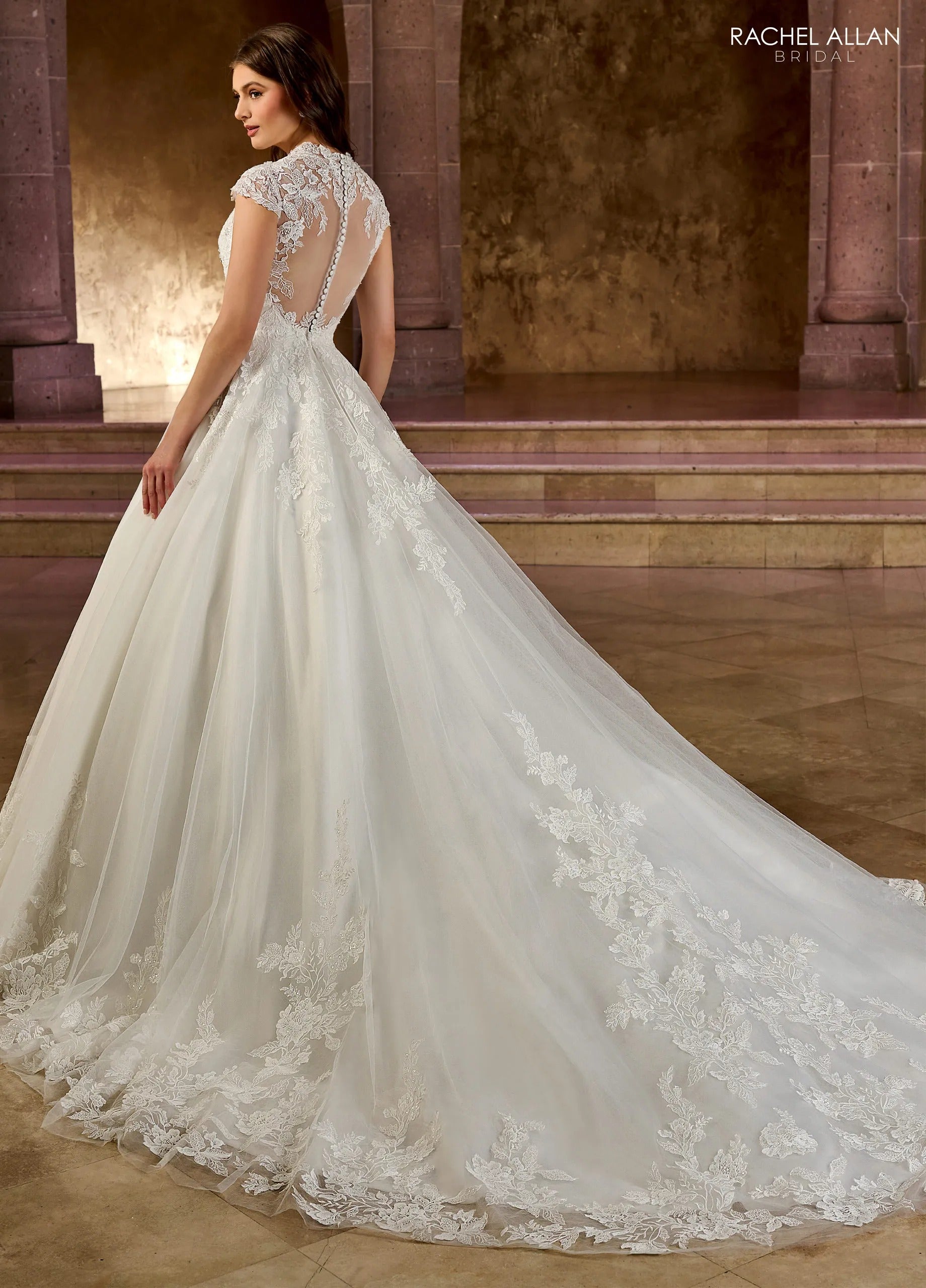 Ivory V-Neck Floor-Length Tulle Ball Gown with Applique Mini Sleeves Rachel Allan RB3193