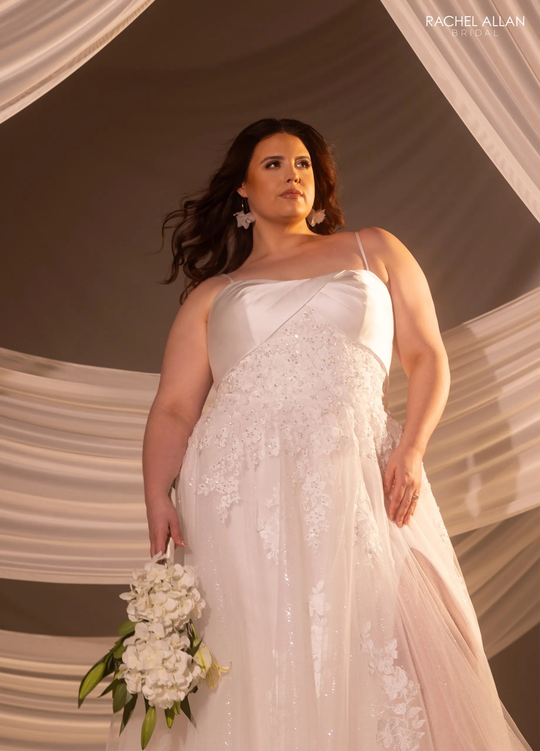 Ivory Off-the-Shoulder Floor-Length Lace Mermaid Wedding Dress with Sheer Bodice Rachel Allan RB3229