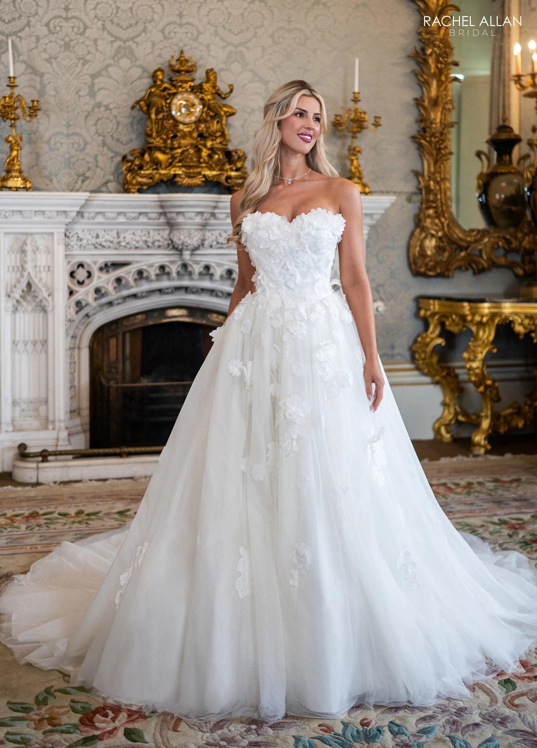 Ivory Strapless Floor-Length Airy Net Wedding Dress Ballgown with 3D Floral Appliqué Rachel Allan RB3252