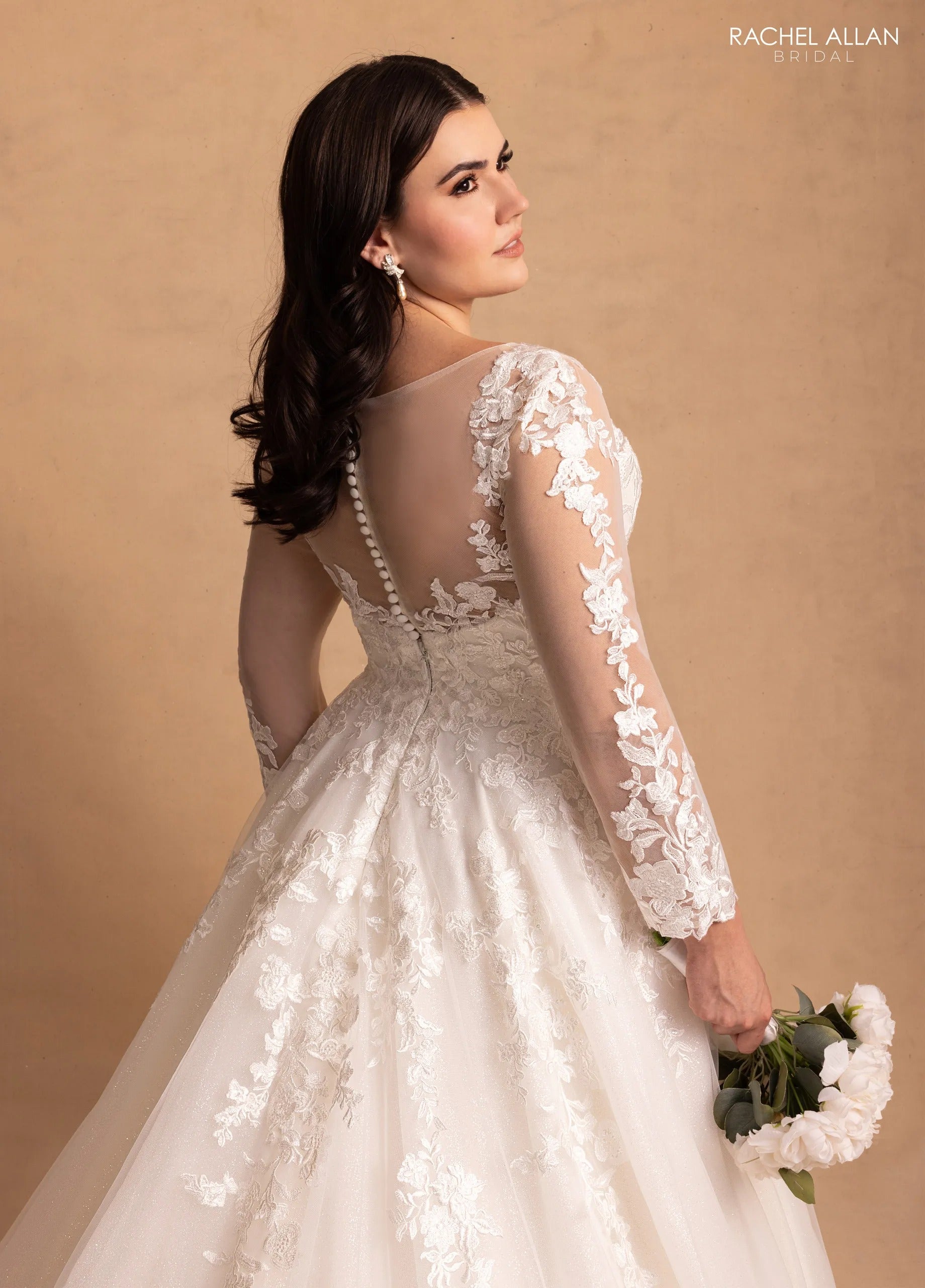 Ivory Nude Illusion Neck Floor-Length Tulle Bridal Ball Gown with Lace Appliqué Rachel Allan MB3079