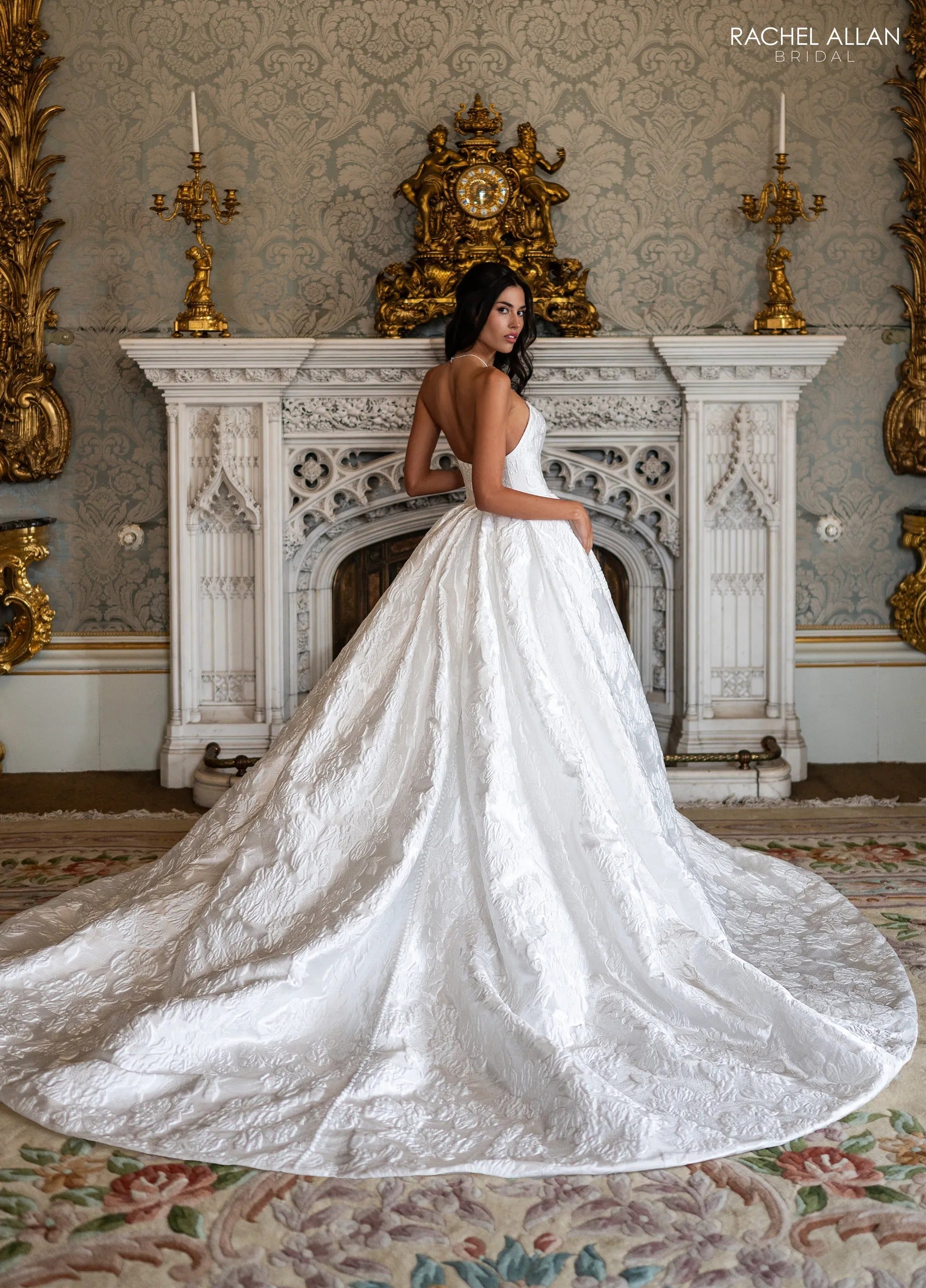 Ivory Strapless Floor-Length Brocade Wedding Dress Ballgown with Pockets Rachel Allan RB3240