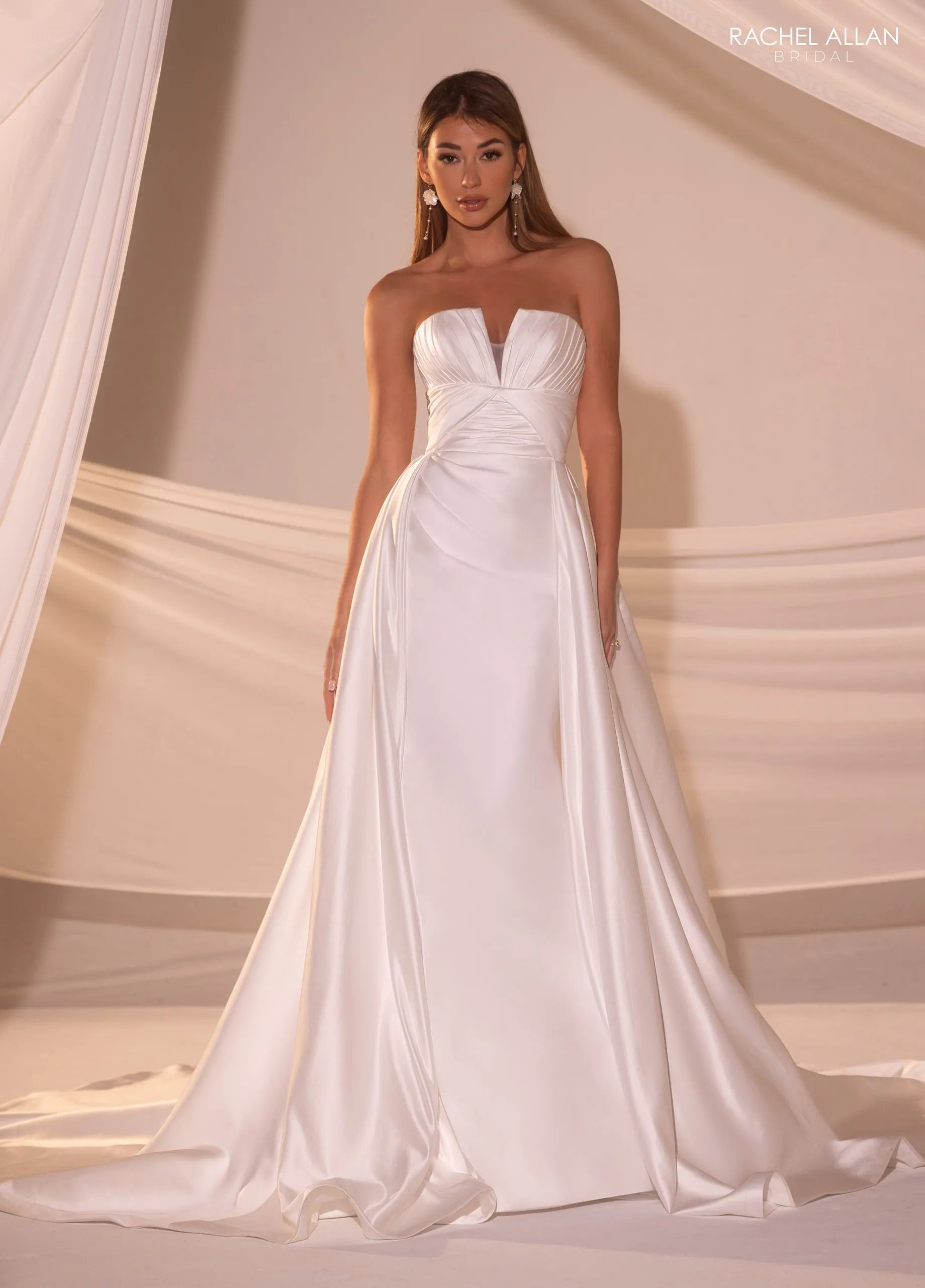 Ivory V-Neck Floor-Length Tulle A-Line Wedding Dress with Floral Lace Applique Rachel Allan RB3226