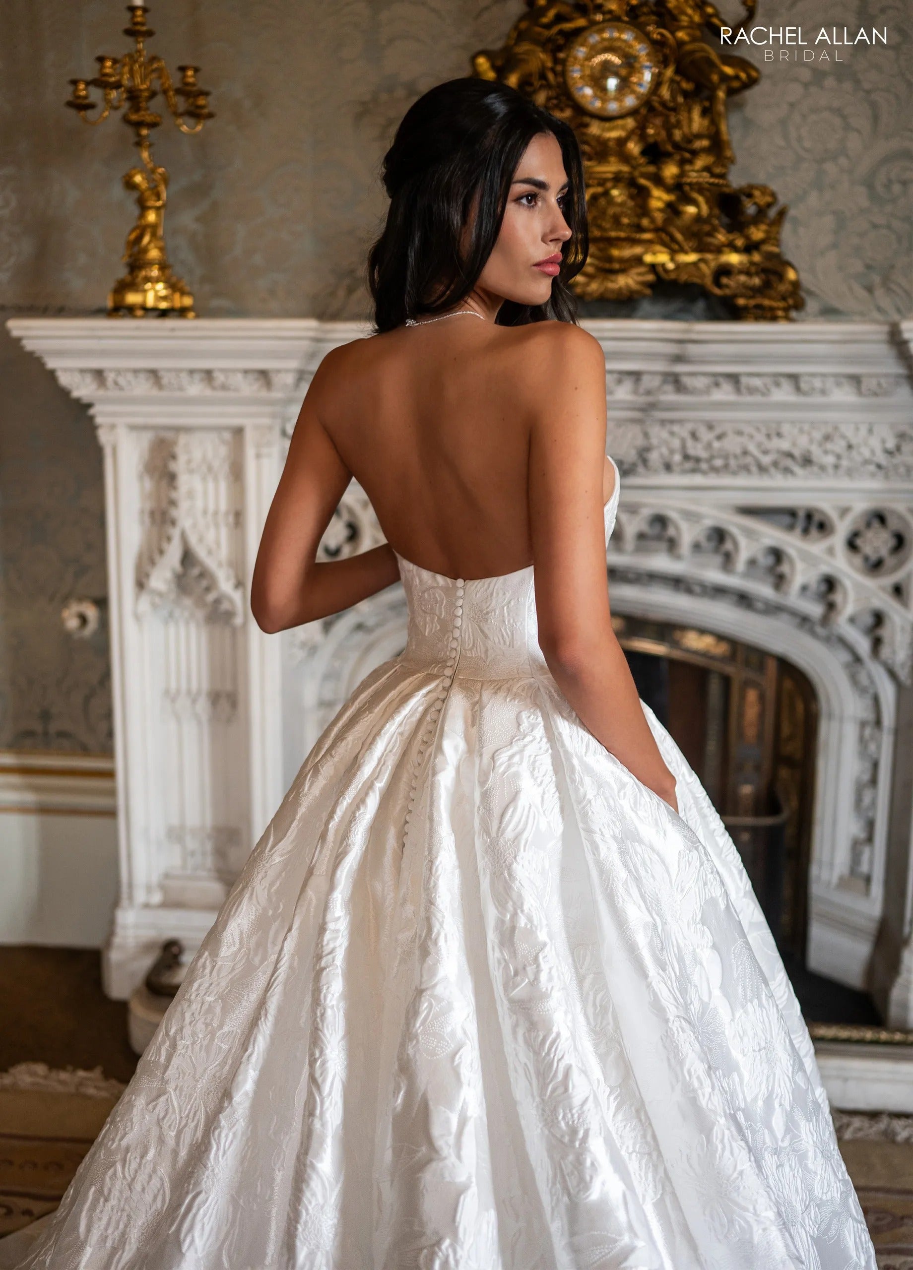 Ivory Strapless Floor-Length Brocade Wedding Dress Ballgown with Pockets Rachel Allan RB3240