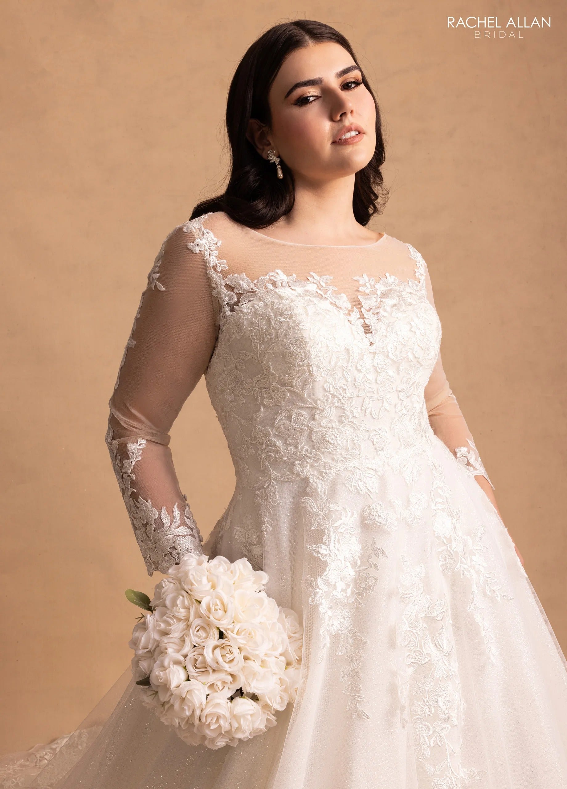 Ivory Nude Illusion Neck Floor-Length Tulle Bridal Ball Gown with Lace Appliqué Rachel Allan MB3079